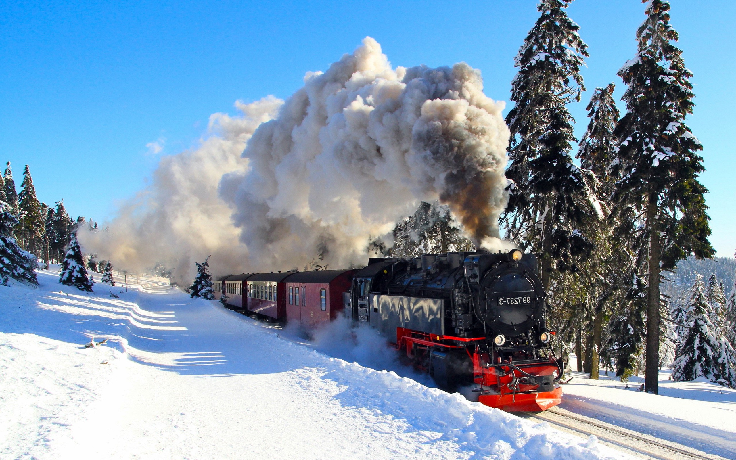 nature, Winter, Snow, Shadow, Train, Steam Locomotive, Trees, Landscape
