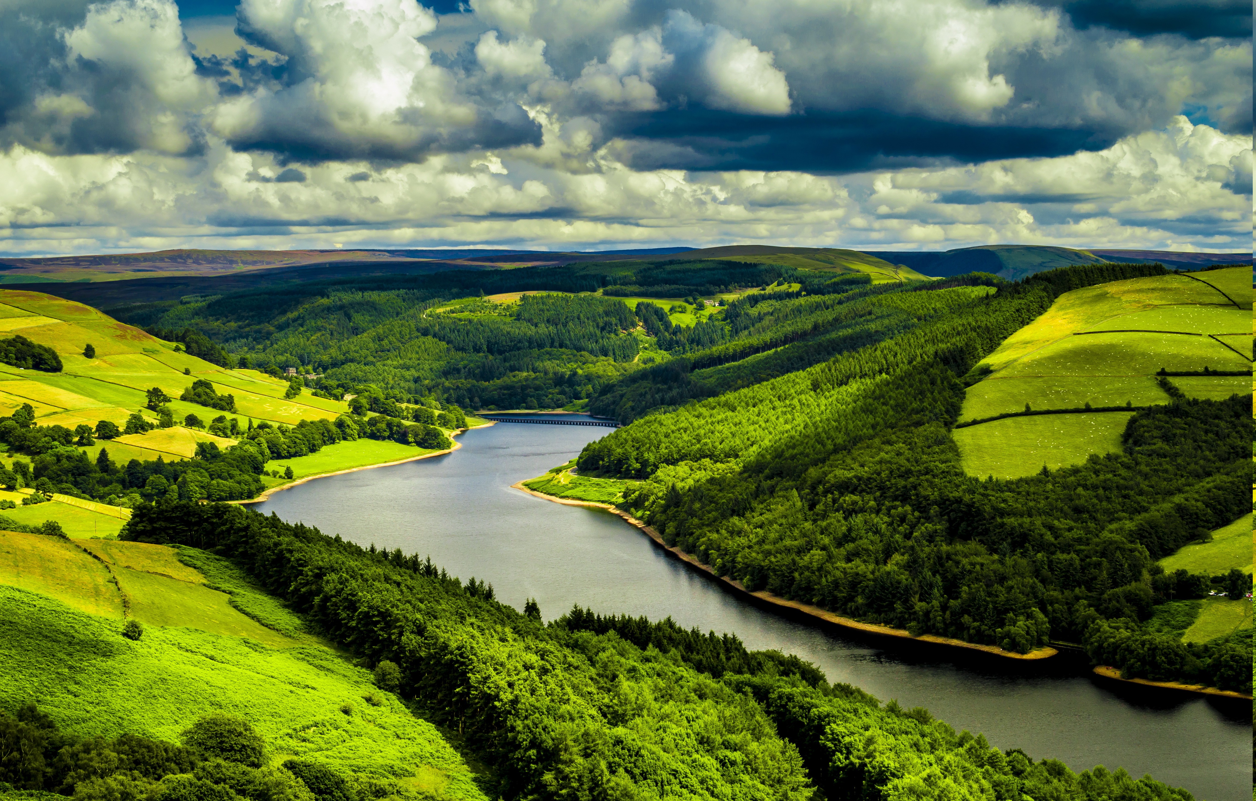 river, Trees, Forest, Clouds, Hill, UK, Green, Water, Landscape