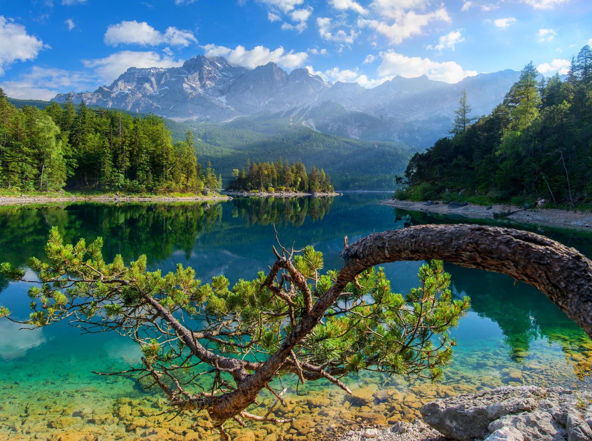 lake, Germany, Forest, Summer, Mountain, Trees, Water, Clouds, Green