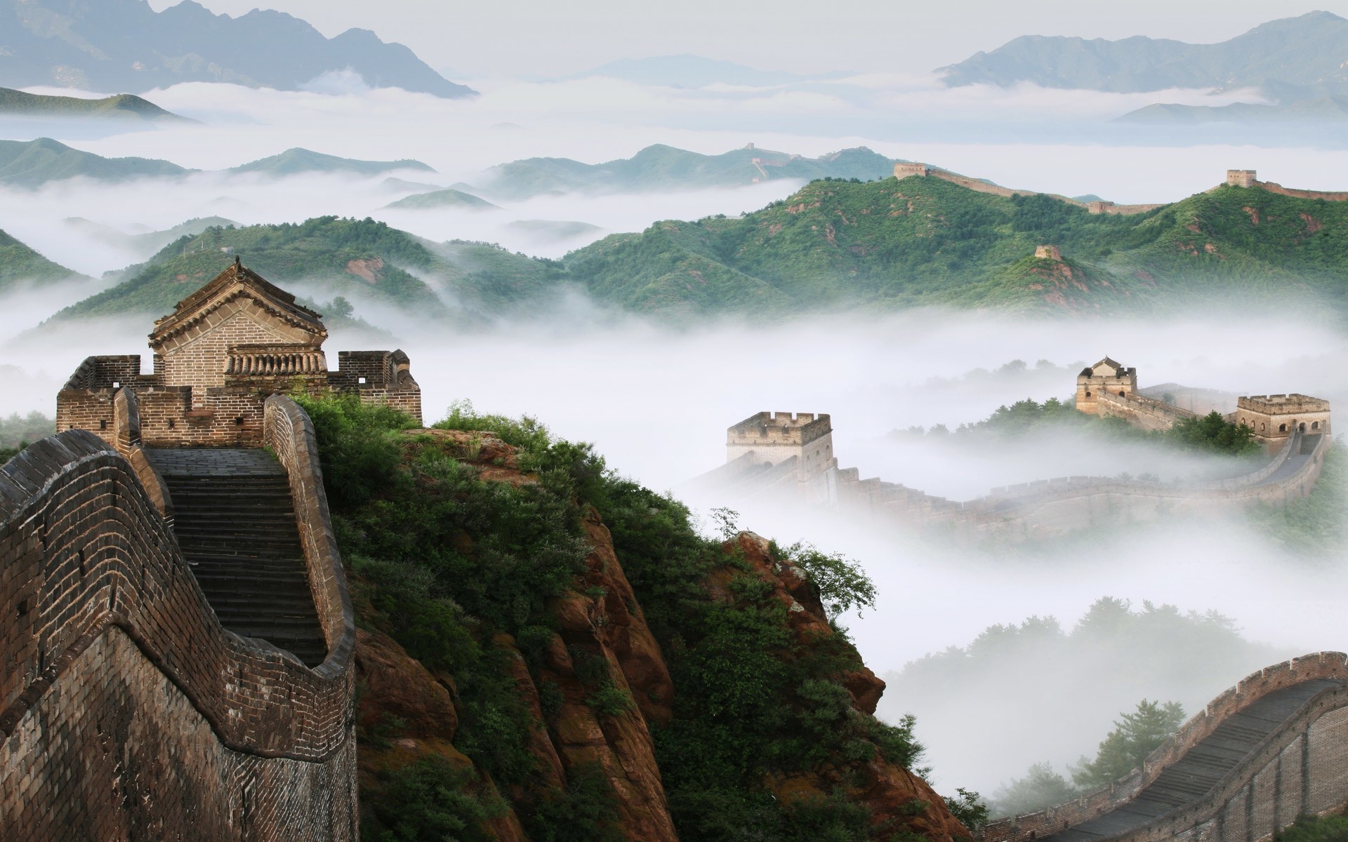 Nature Landscape Trees China Great Wall Of China Hill Mist Rock