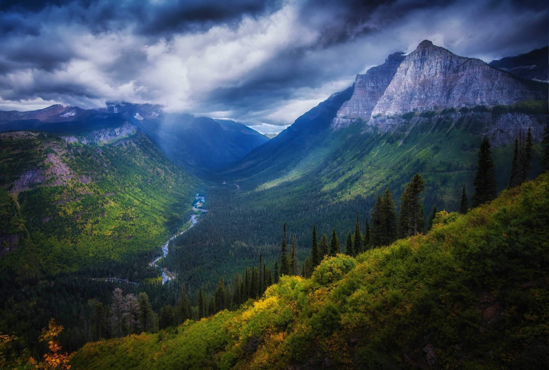 valley, Mountain, Forest, River, Cliff, Shrubs, Clouds, Summer, Nature