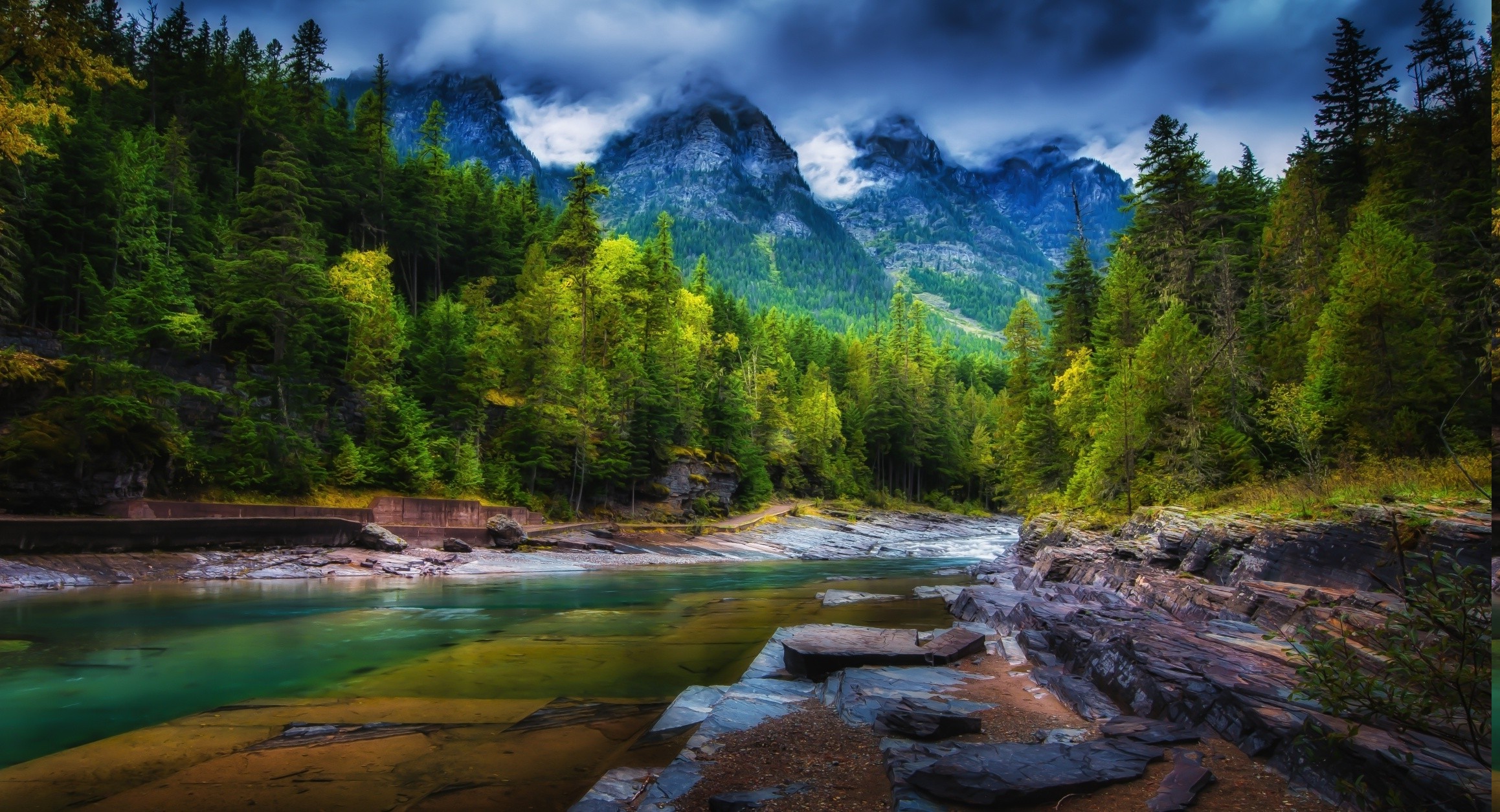 mountain, Clouds, Forest, River, Trees, Spring, Green, Nature
