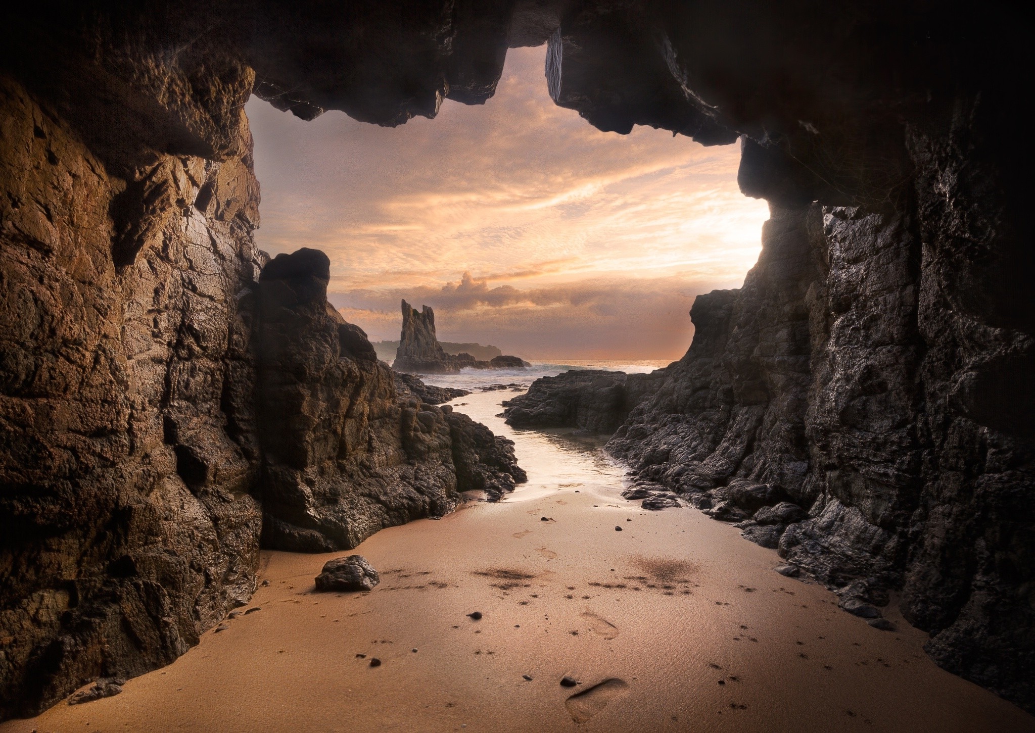 Beach Cave Australia Sand Rock Sea Sunset Clouds Nature Landscape Wallpapers Hd 