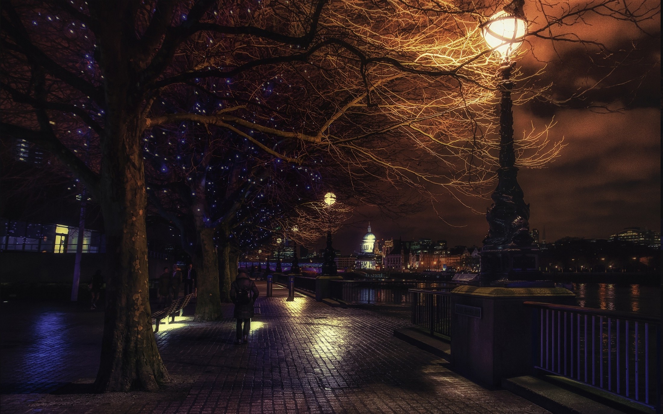 landscape, Urban, Lantern, London, England, River, Trees, Night, Clouds