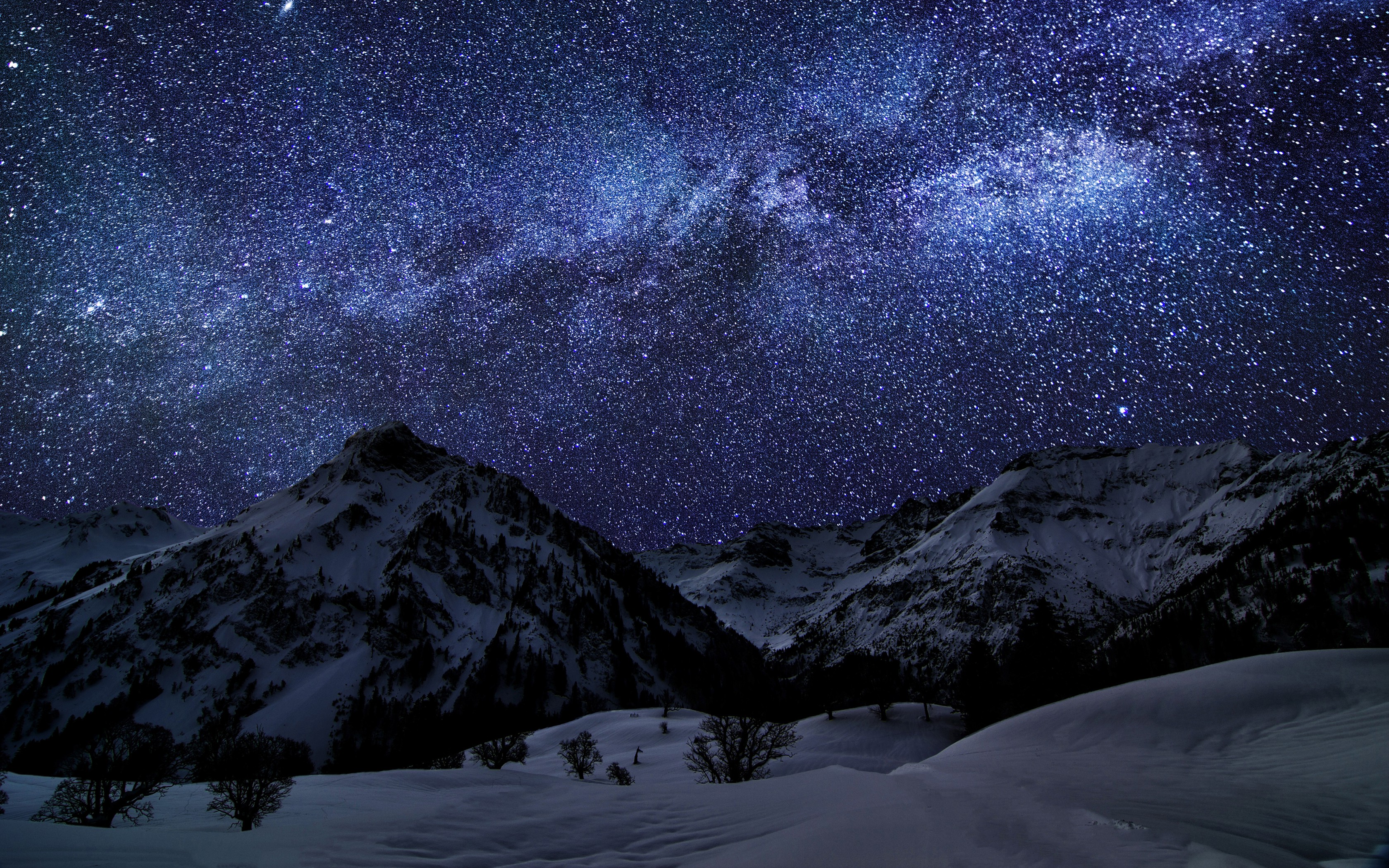 Nature, Landscape, Mountain, Winter, Starry Night, Milky Way, Snow