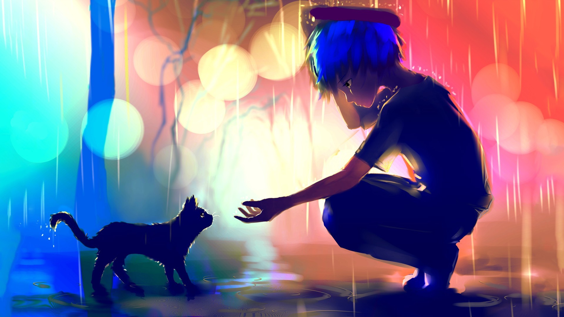 84958 artwork rain cat Apofiss blue_hair bokeh anime