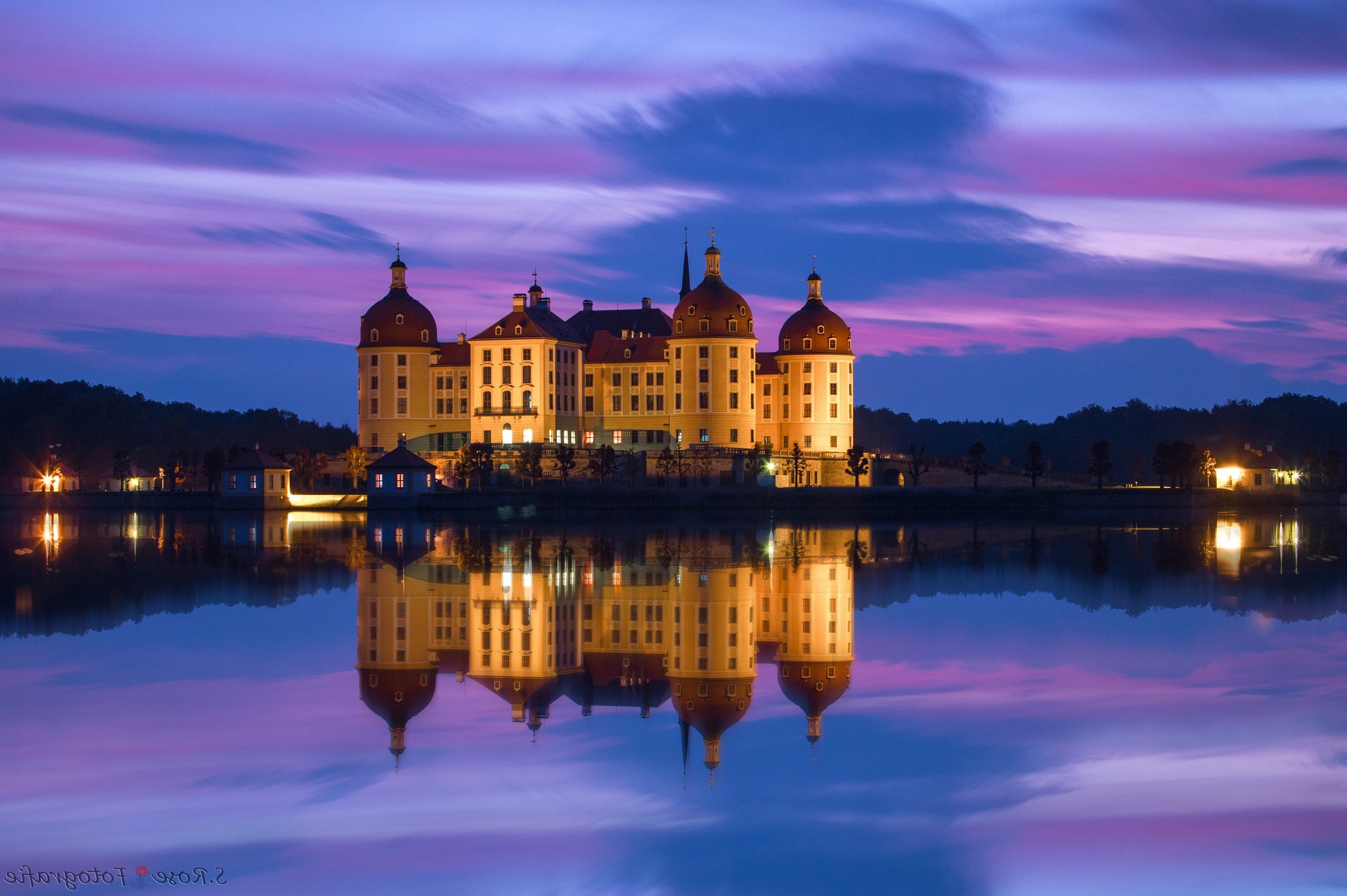architecture, Lake, Trees, Castle, Germany, Night, Lights, Reflection