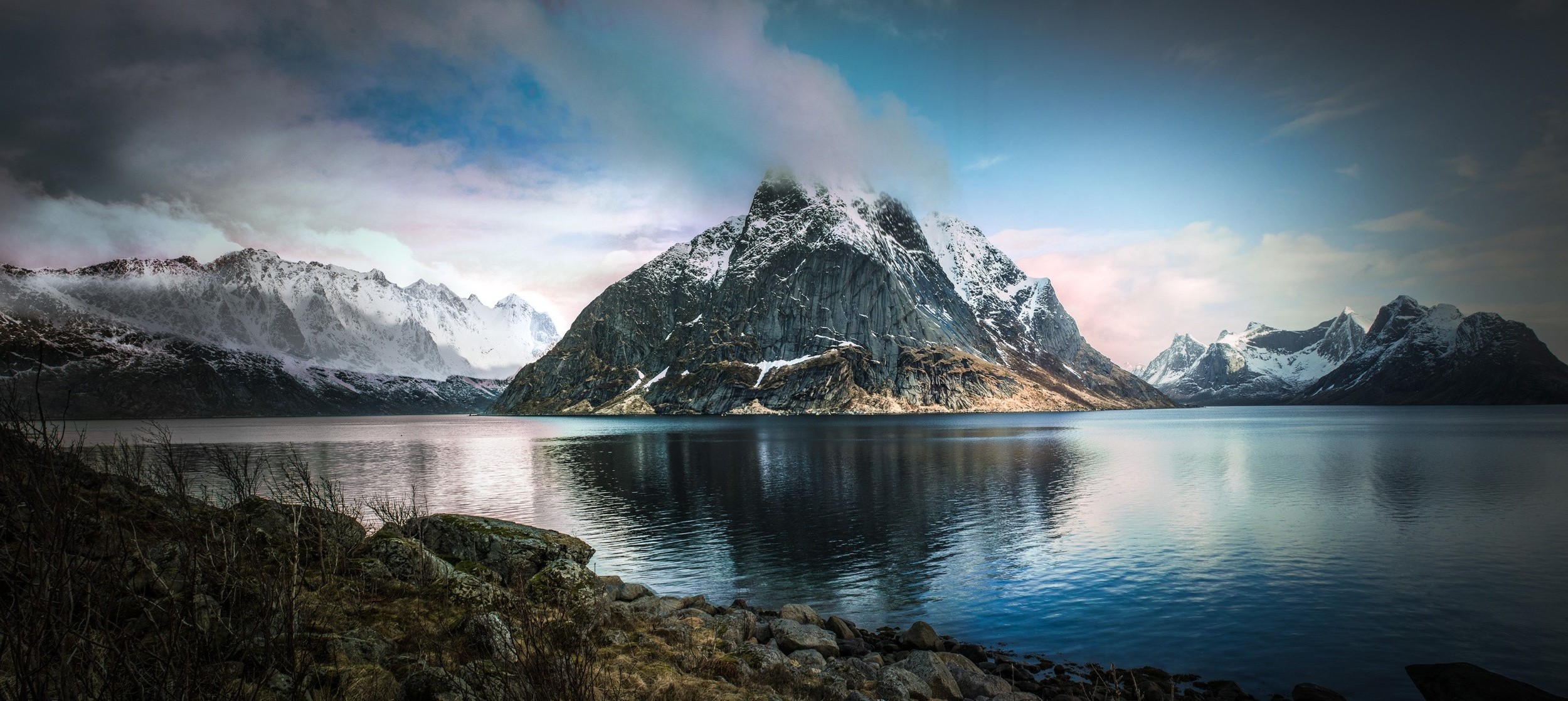 nature, Landscape, Fjord, Mountain, Snowy Peak, Clouds, Norway, Spring