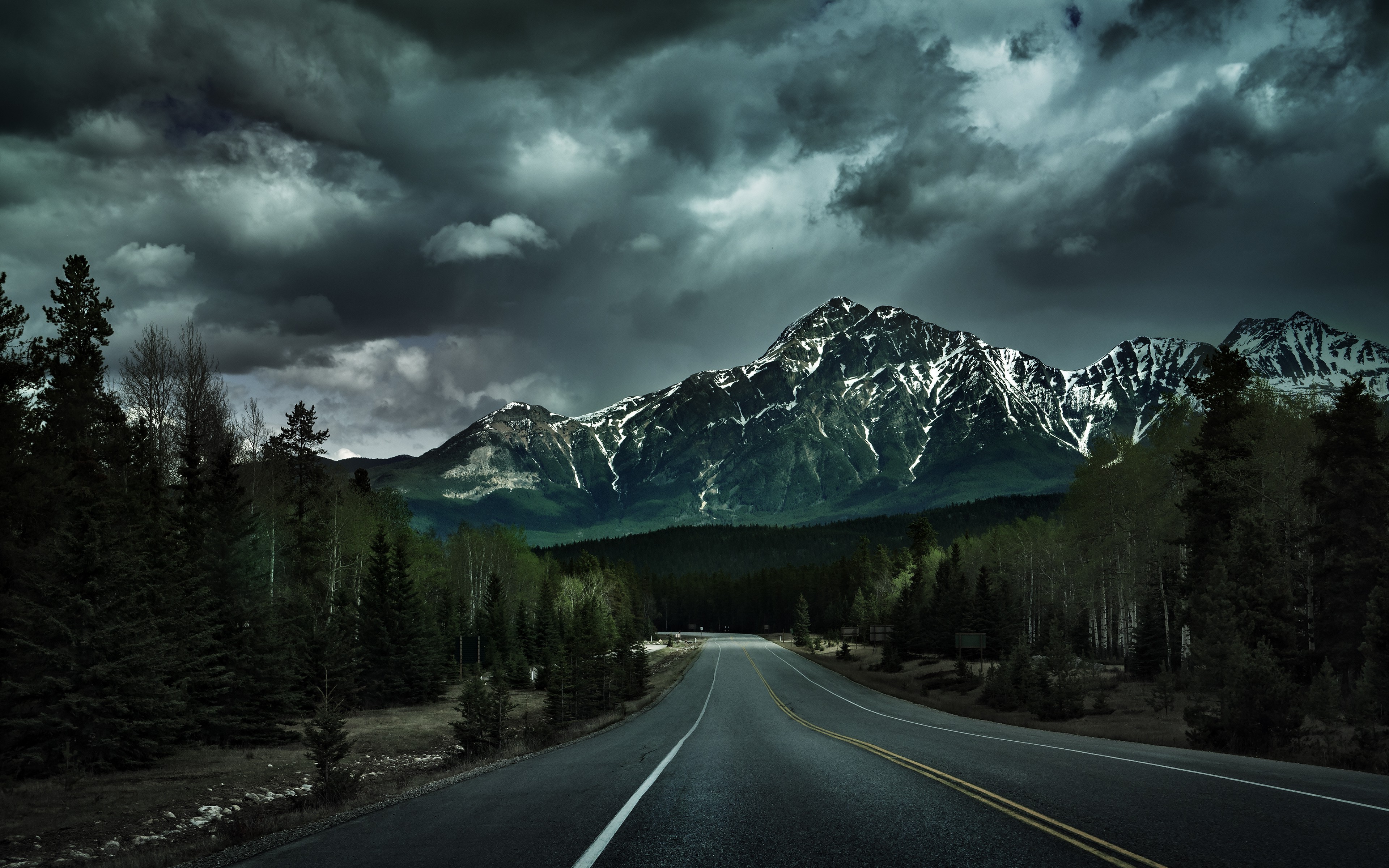 Landscape, Snowy Peak, Lines, Hills, Dark, Road, Forest, Road Sign