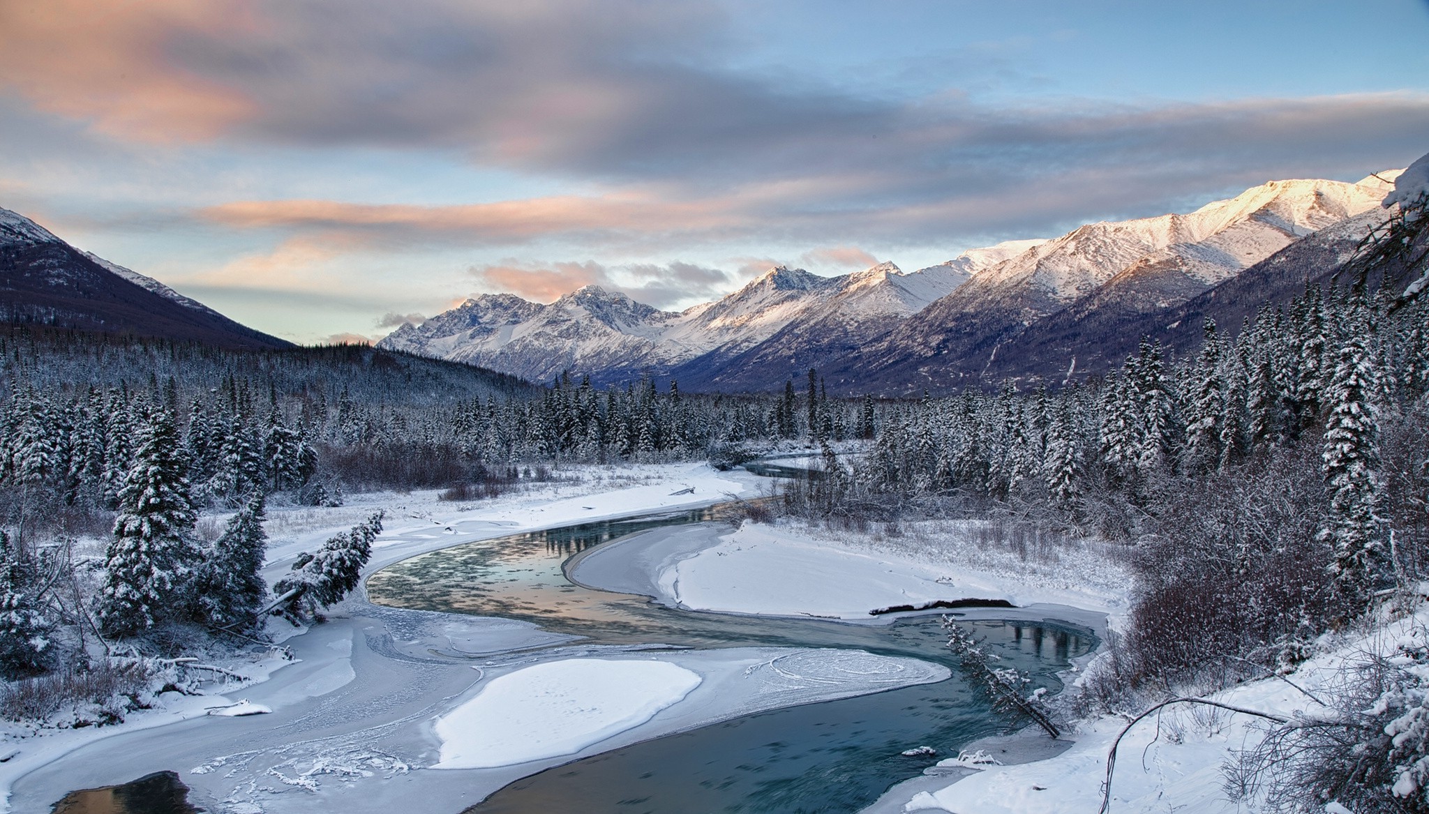 nature, Landscape, River, Snow, Winter, Mountain, Forest, Pine Cold, Frost, Alaska Wallpapers / Desktop and Mobile