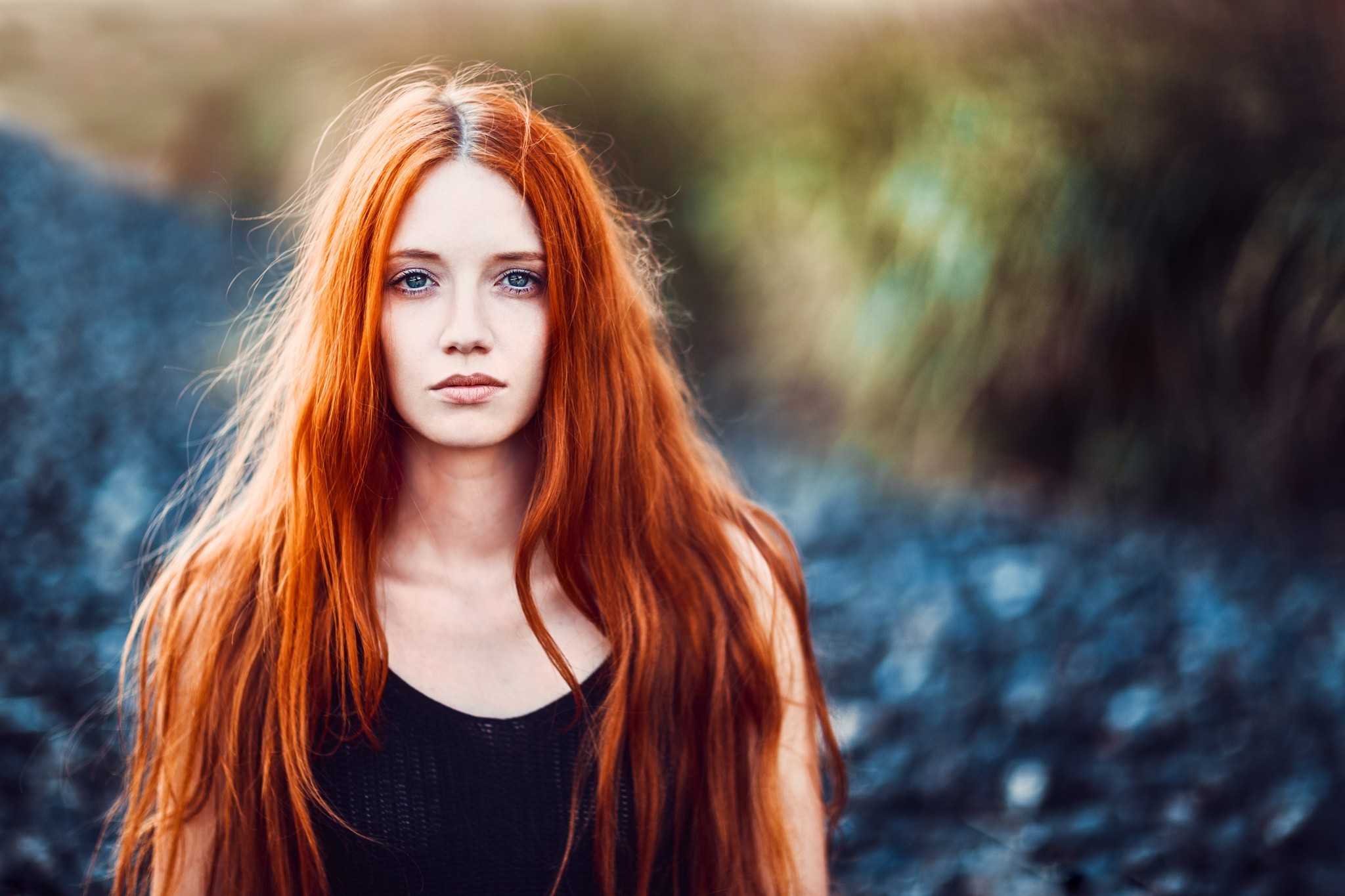 Women Model Redhead Long Hair Bare Shoulders Face Portrait