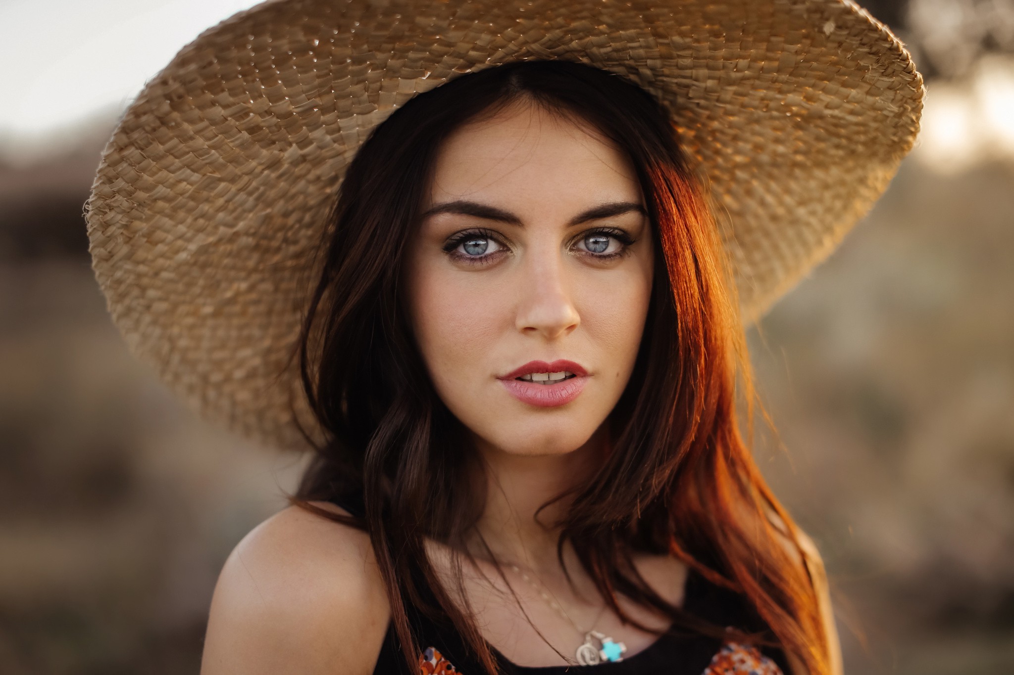 Women Aurela Skandaj Brunette Blue Eyes Face Hat Model Portrait