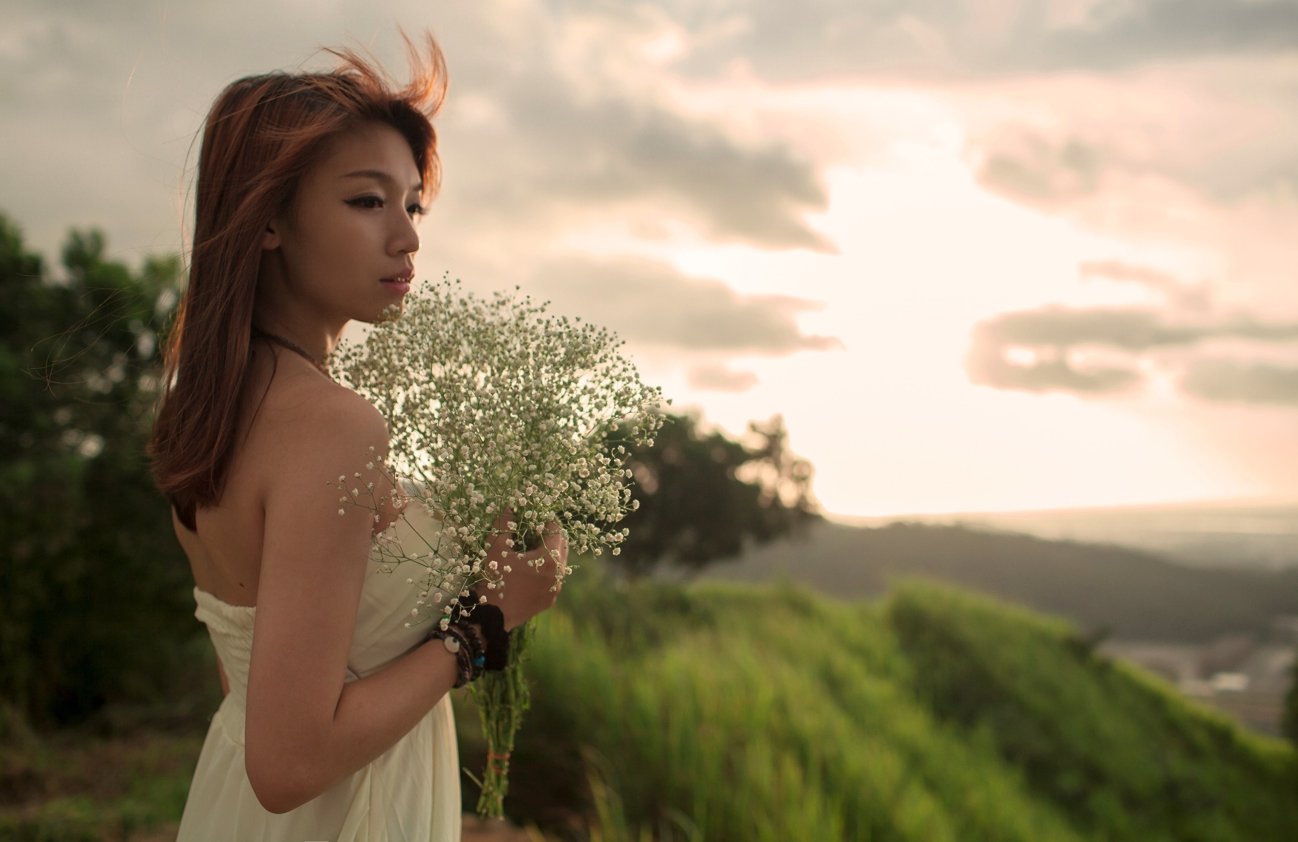 Portrait Of Blonde Girl In White Dress In Nature Stock 