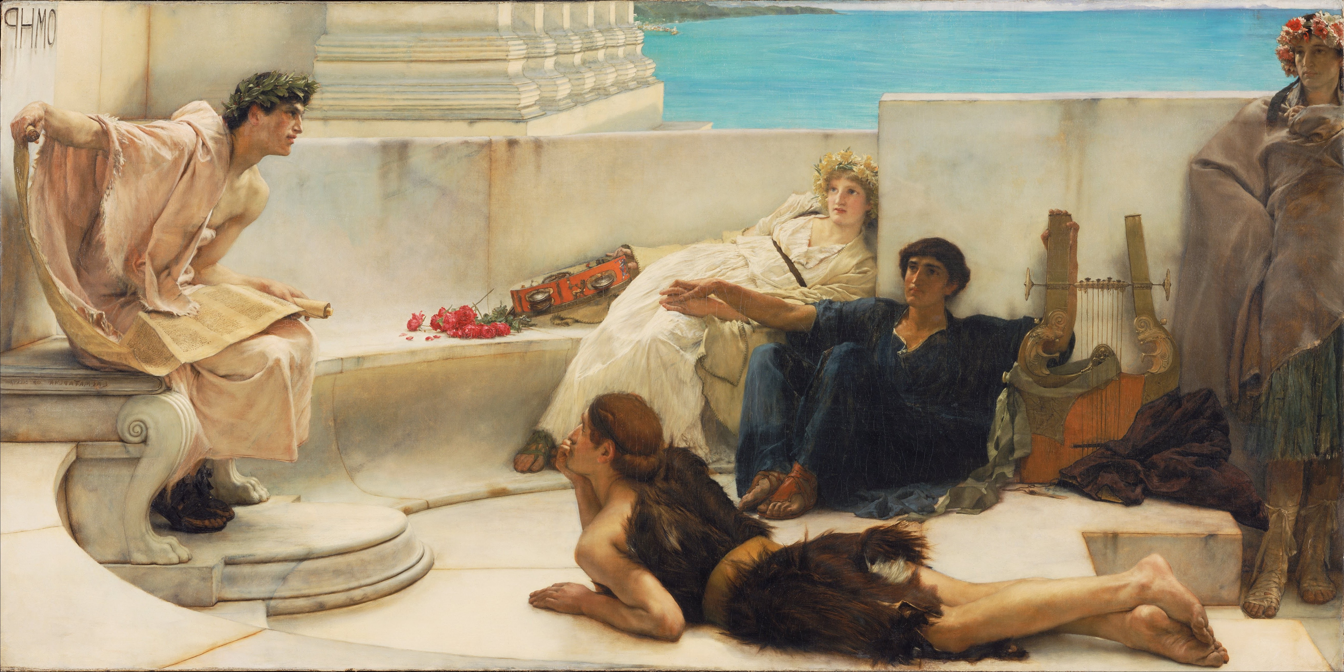  The image shows a painting depicting a scene from Greek mythology, with a group of figures, including the poet Sappho, listening to a lyre player.