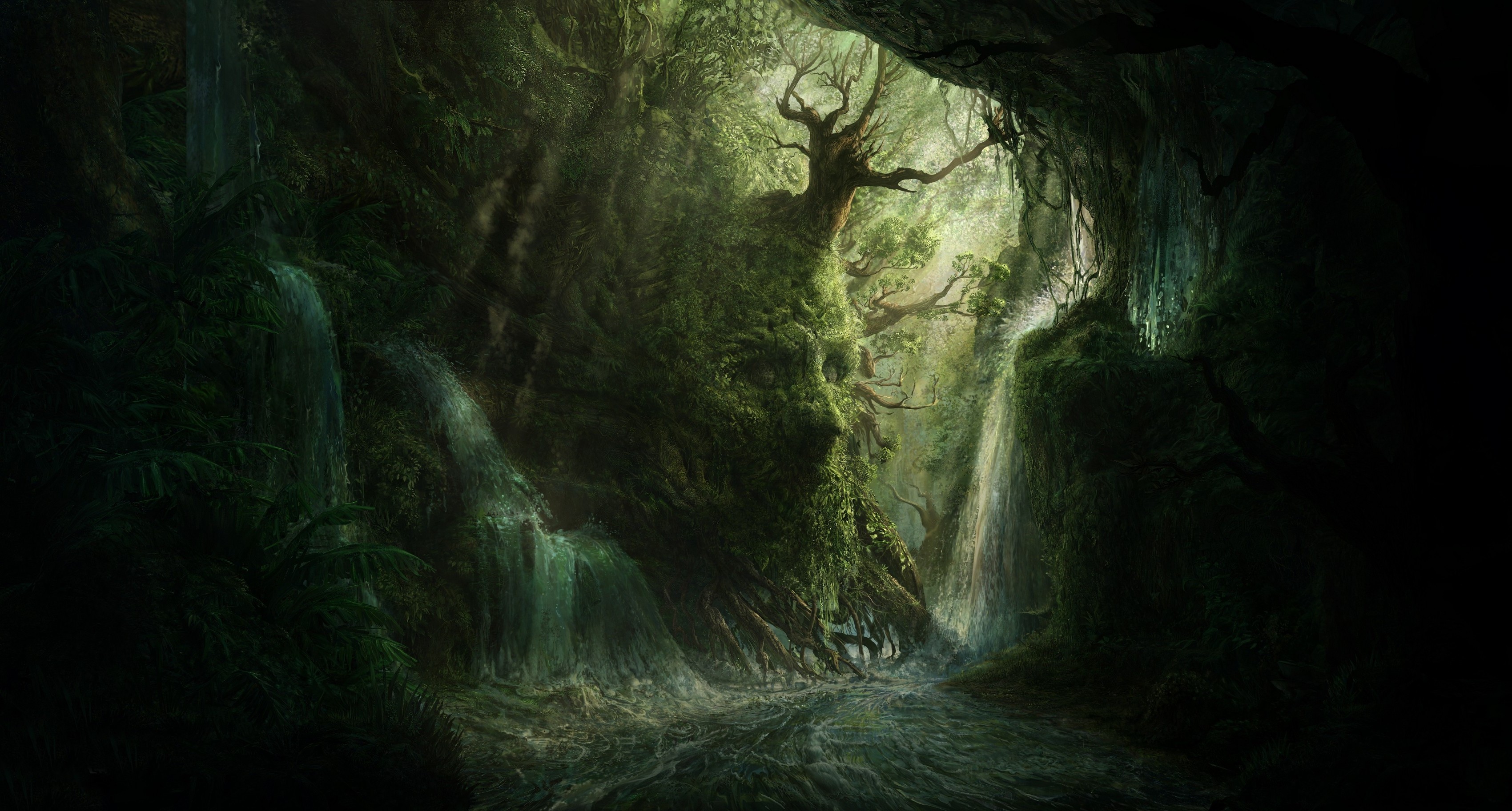 artwork, Digital Art, Forest, Dark, Trees, River, Waterfall Wallpapers