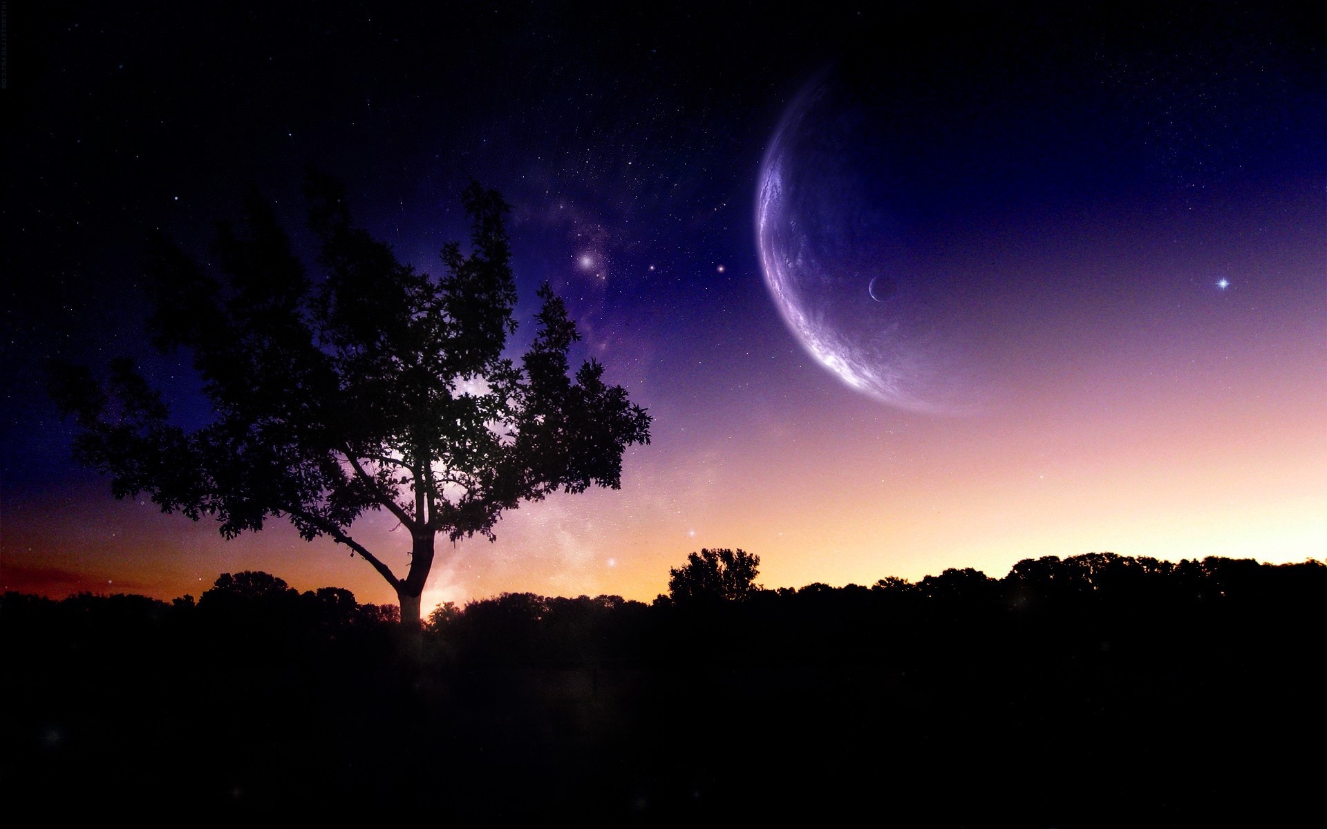 nature, Digital Art, Trees, Night, Sky, Planet, Photo Manipulation