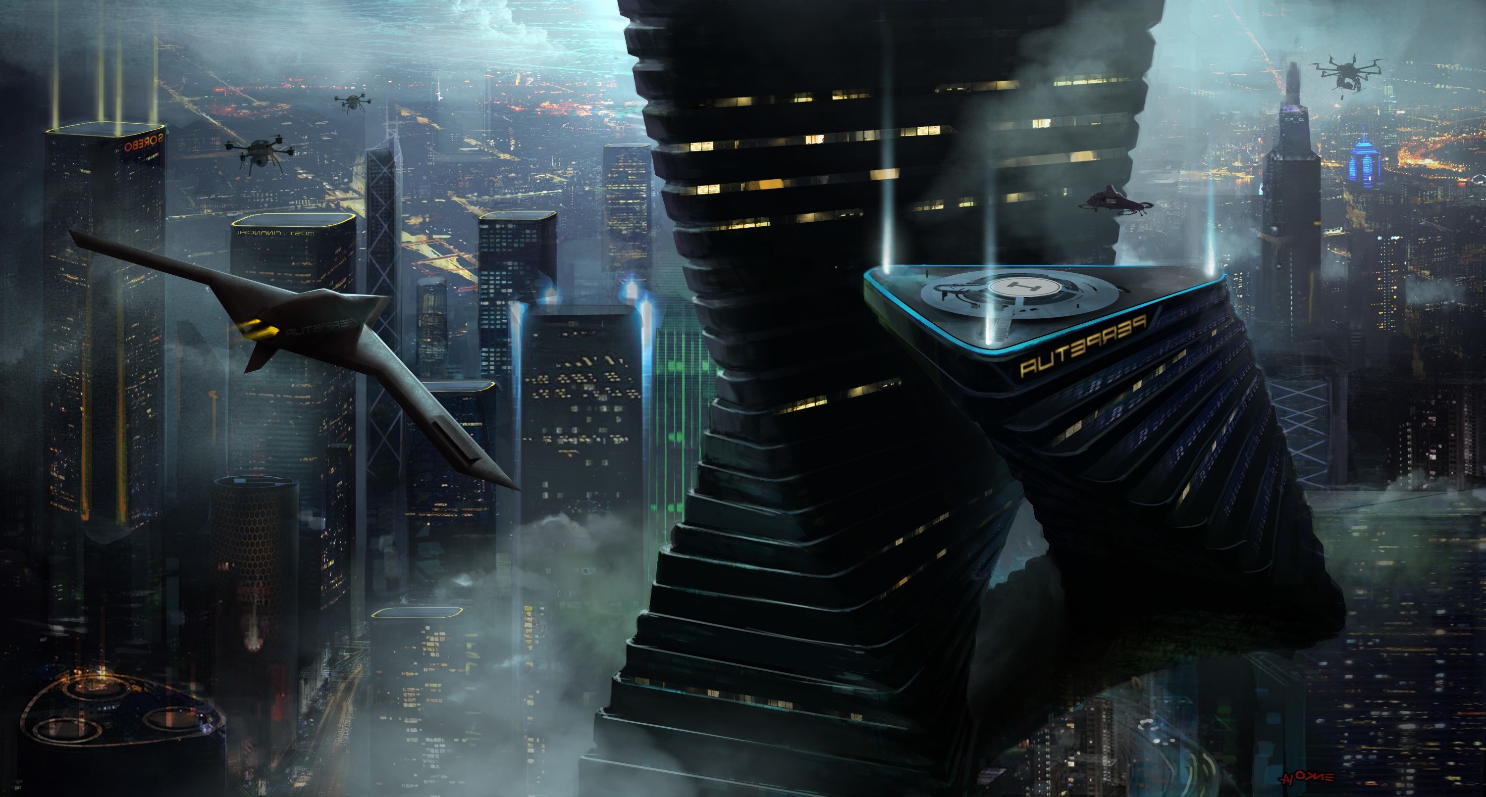 fantasy Art, Digital Art, Drawing, Cityscape, Airplane, Skyscraper,  Building, Lights, Futuristic Wallpapers HD / Desktop and Mobile Backgrounds