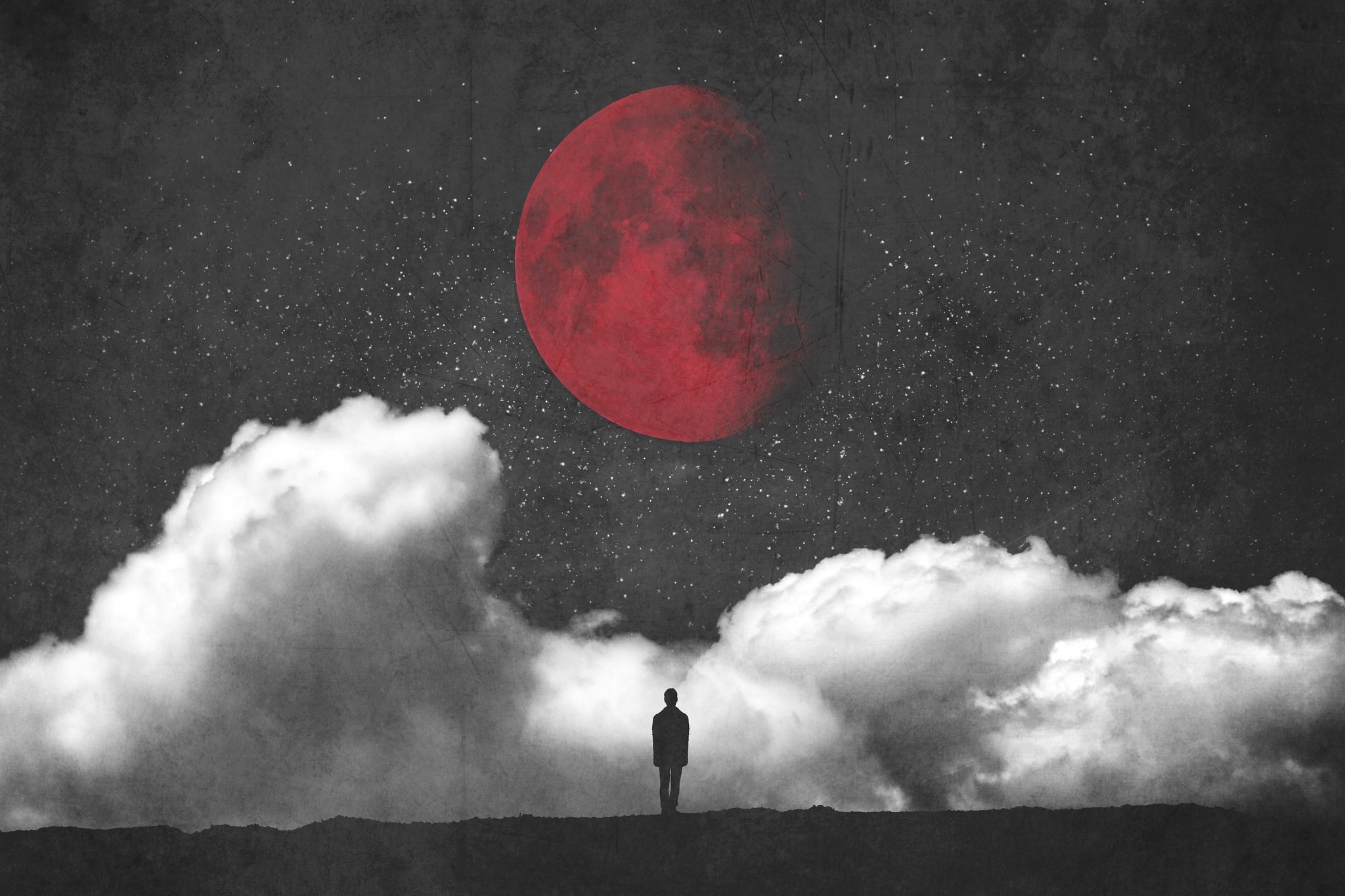 fantasy Art, Red Moon, Moon, Clouds, Minimalism, Silhouette Wallpapers