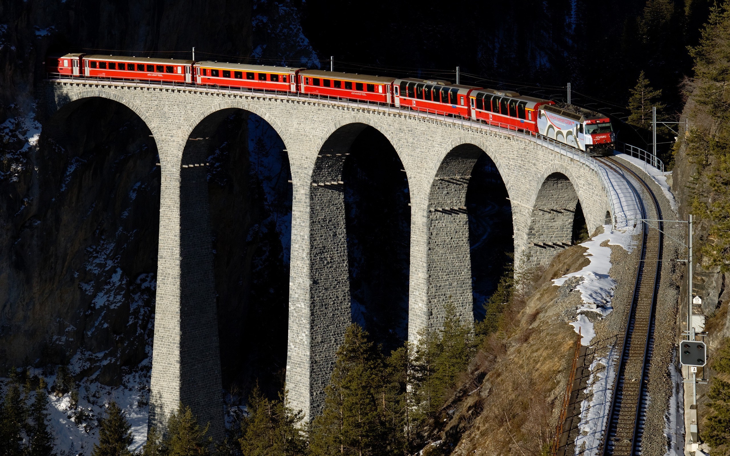 train, Railway, Bridge, Switzerland, Nature, Trees, Mountain, Winter