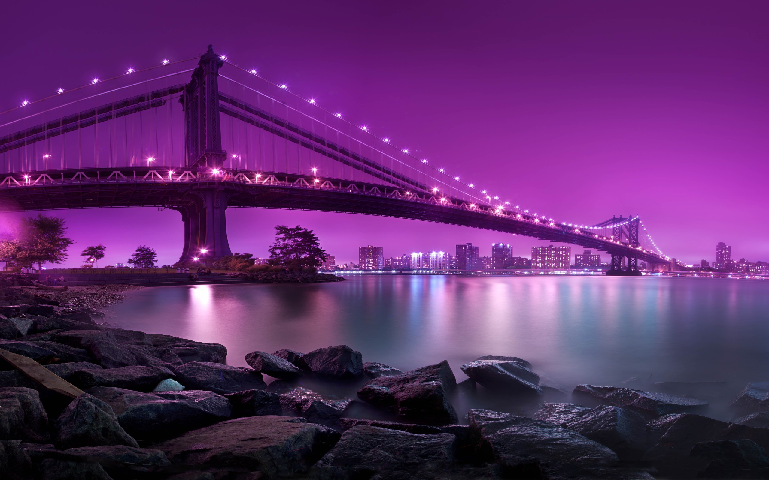Manhattan, Brooklyn, Purple, Sea, River, Bridge, Cityscape, Night, Rock