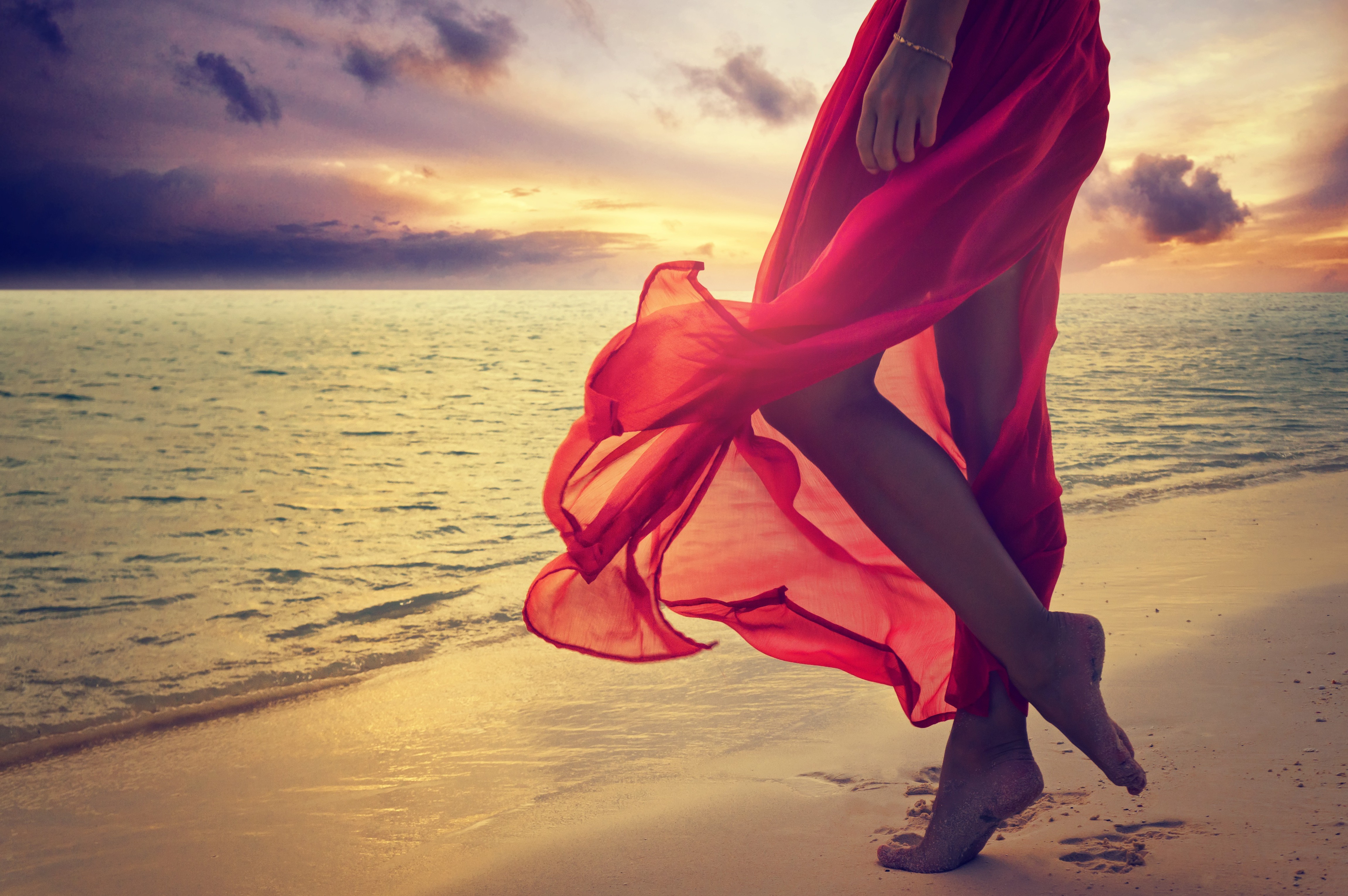 Nature Summer Sea Sunset Red Dress Beach Legs Women Soles Feet Wallpapers Hd Desktop