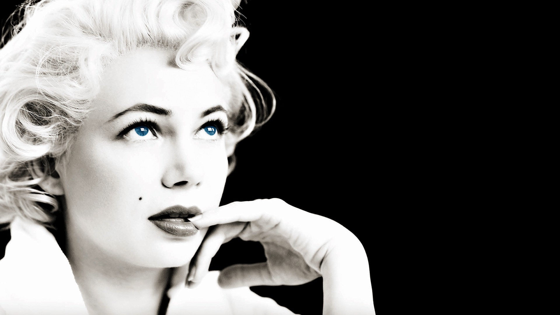 Women Blonde Long Hair Face Actress Looking Up Blue Eyes Women Blonde Long Hair Face Actress Looking Up Blue Eyes Finger On Lips Mice Williams Portrait Selective Coloring Legend Black Background
