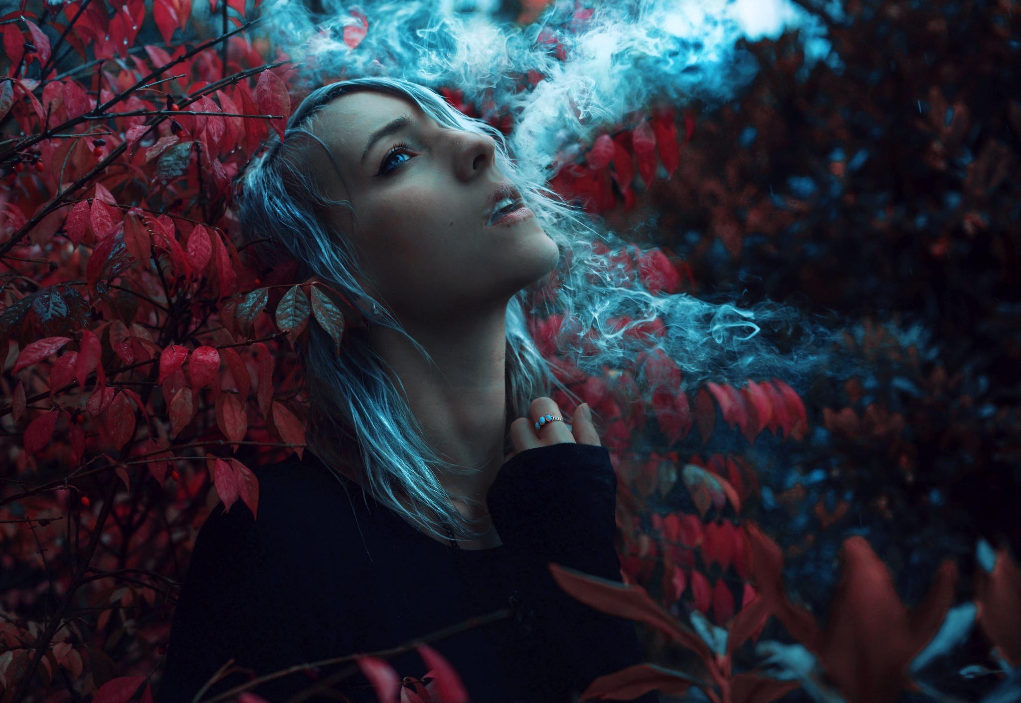 Women Grey Hair Blue Eyes Looking Up Forest Smokin