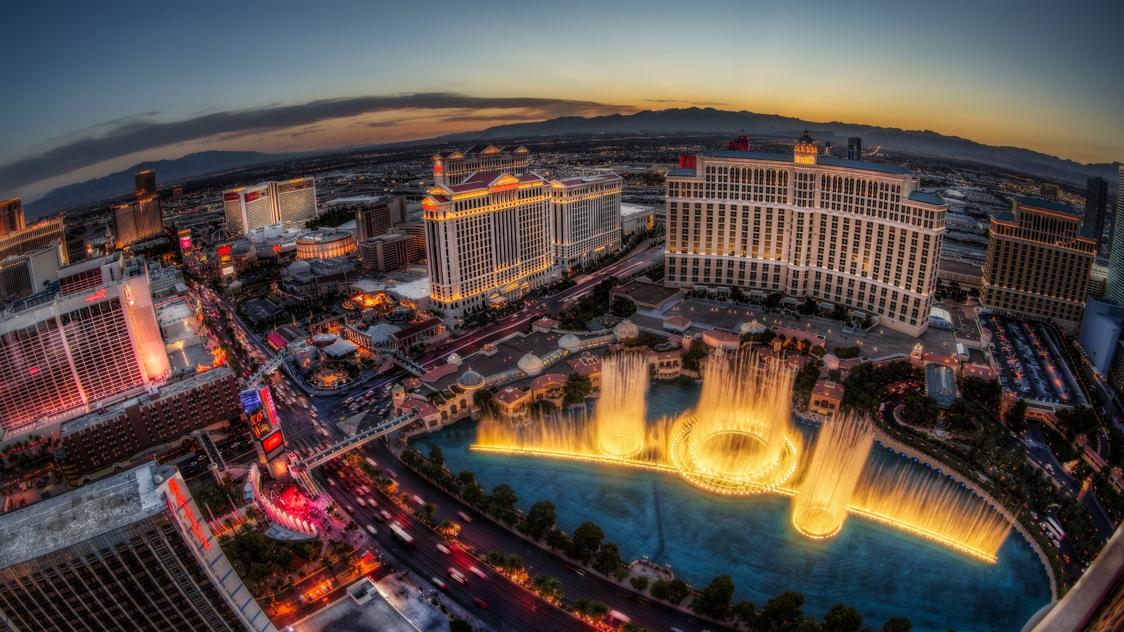 Las Vegas, Building, Landscape, Fountain, Mountains, City, Cityscape