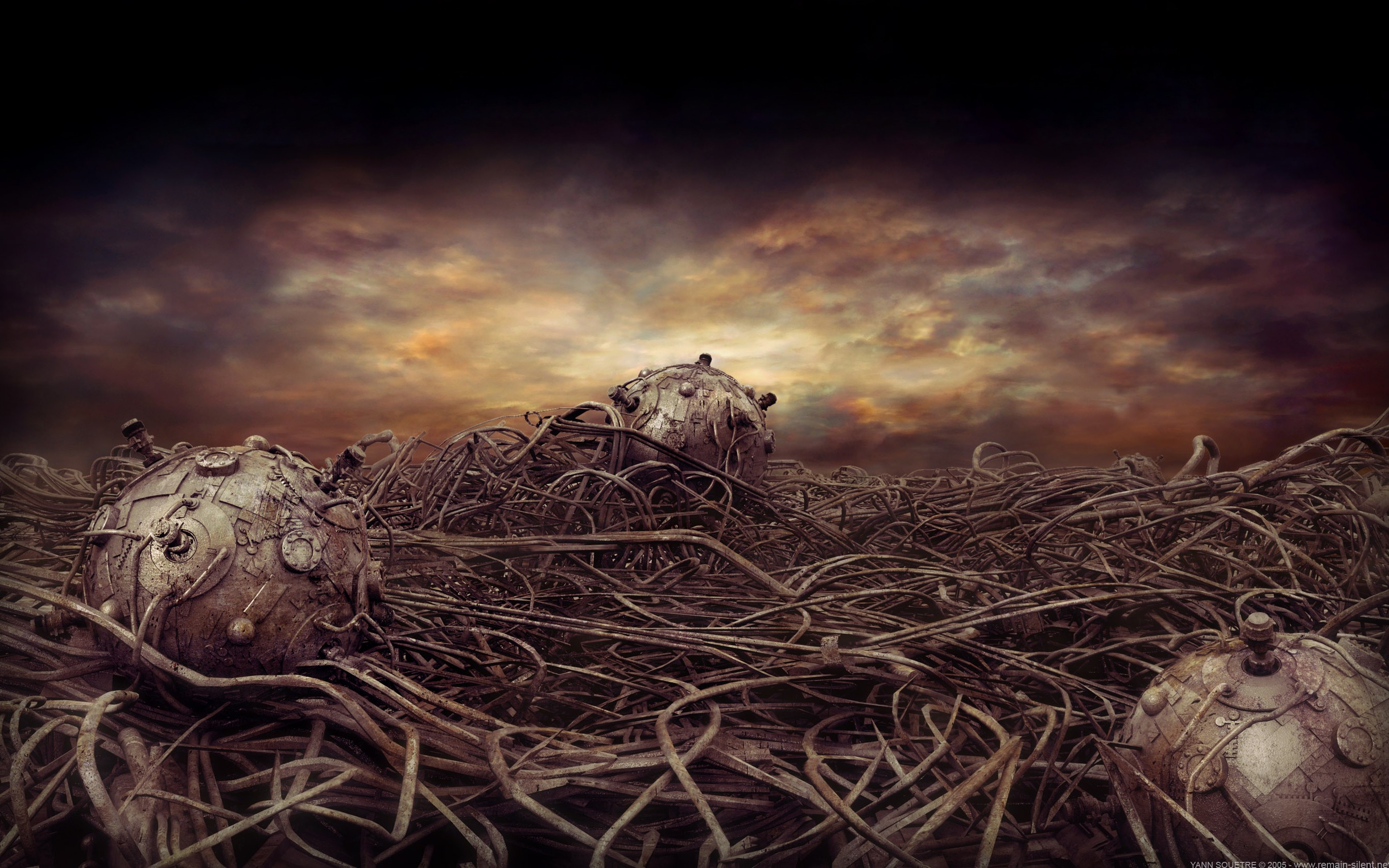 artwork, Illustration, Digital Art, Dark, Wires, Technology, Bombs