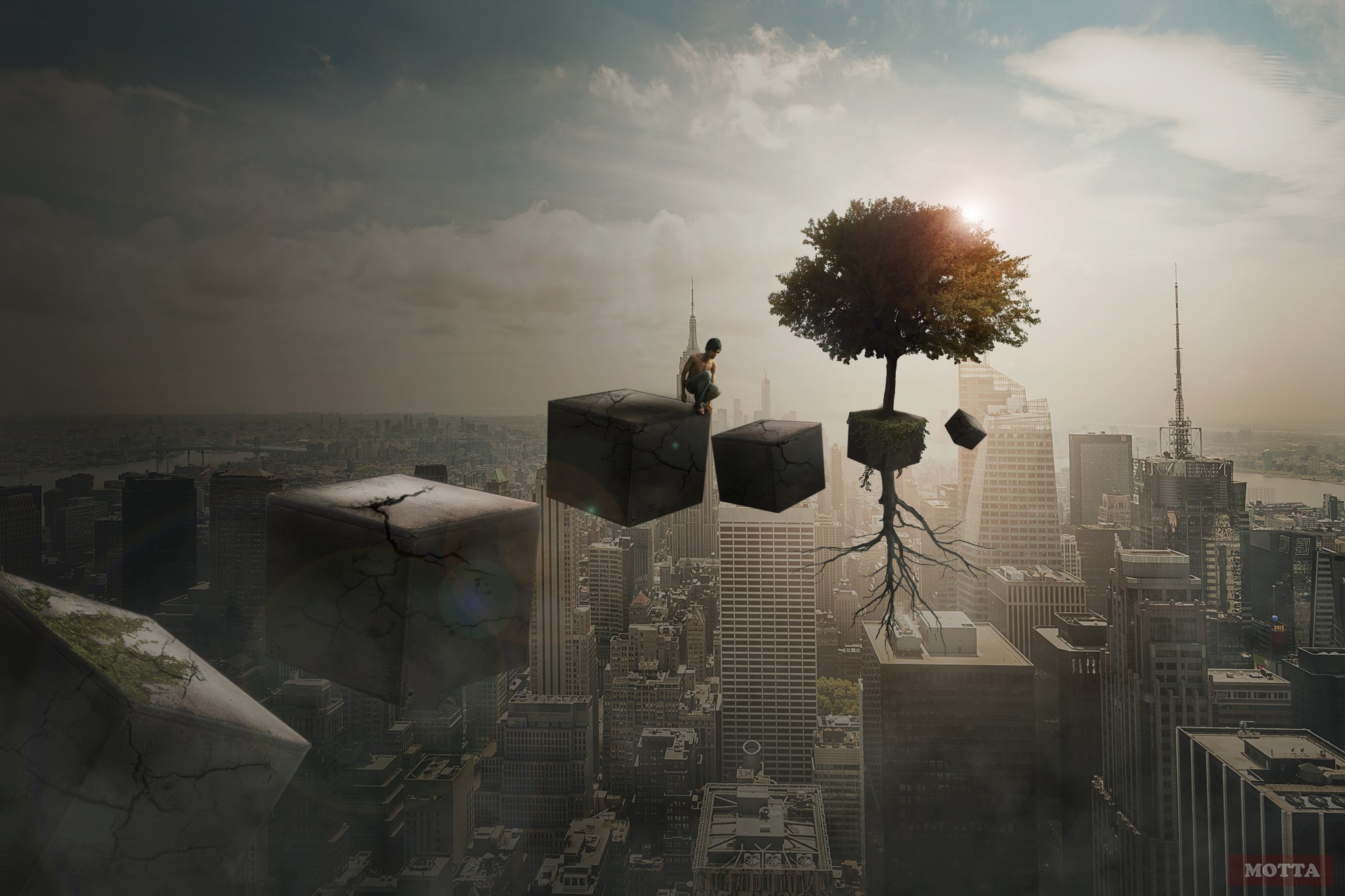 men, City, Motta123, Photoshop, Digital Art, Trees, Cube Wallpapers HD