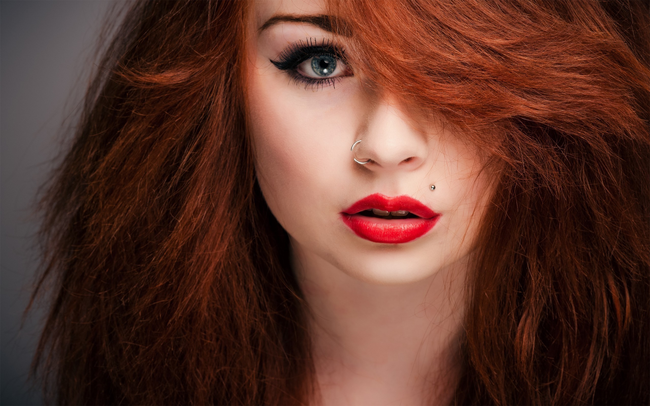 Women Redhead Blue Eyes Piercing Red Lipstick Nose Rings Face 