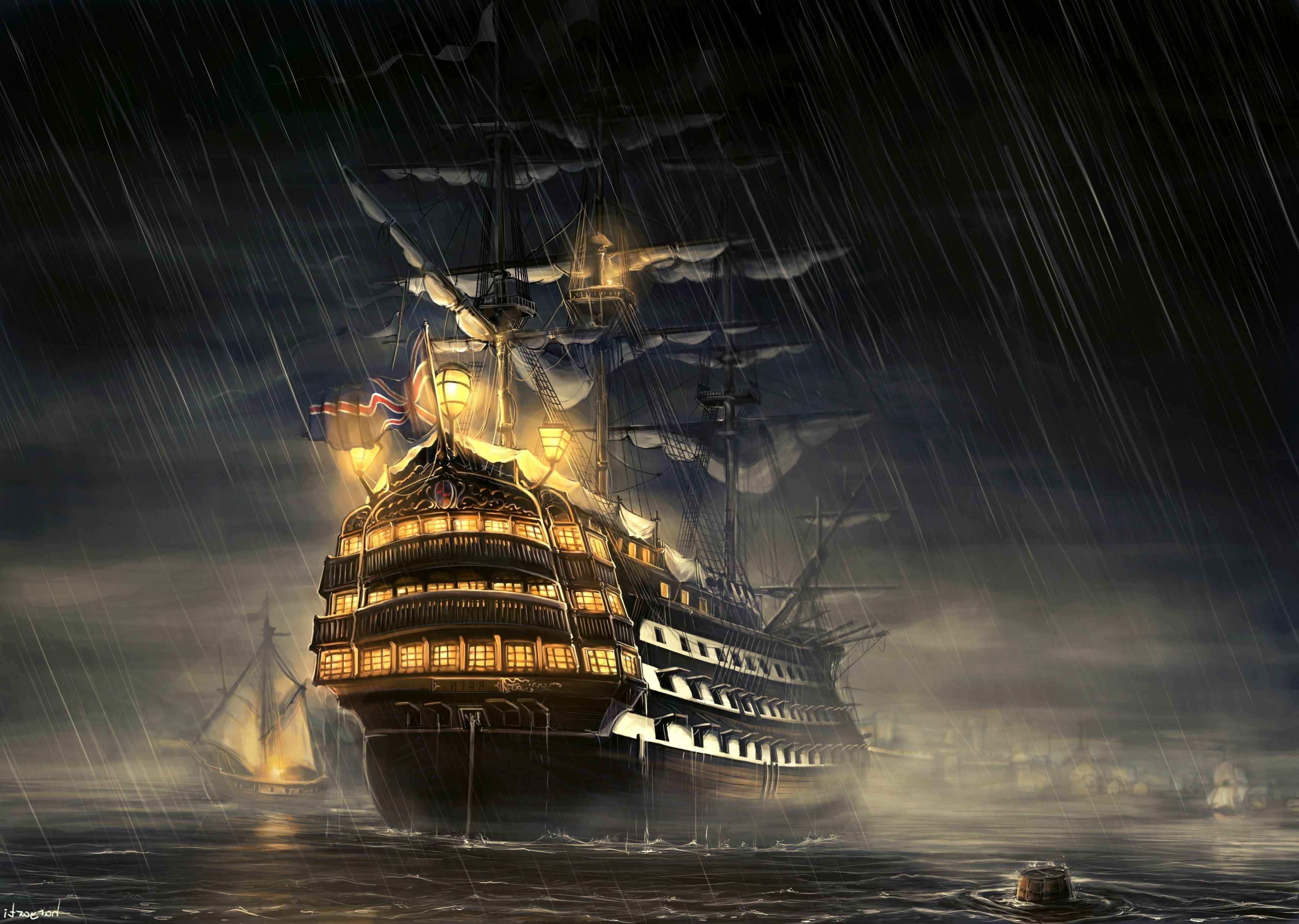 old ship, Ship, Artwork, Haryarti, Rain, Sea Wallpapers HD / Desktop