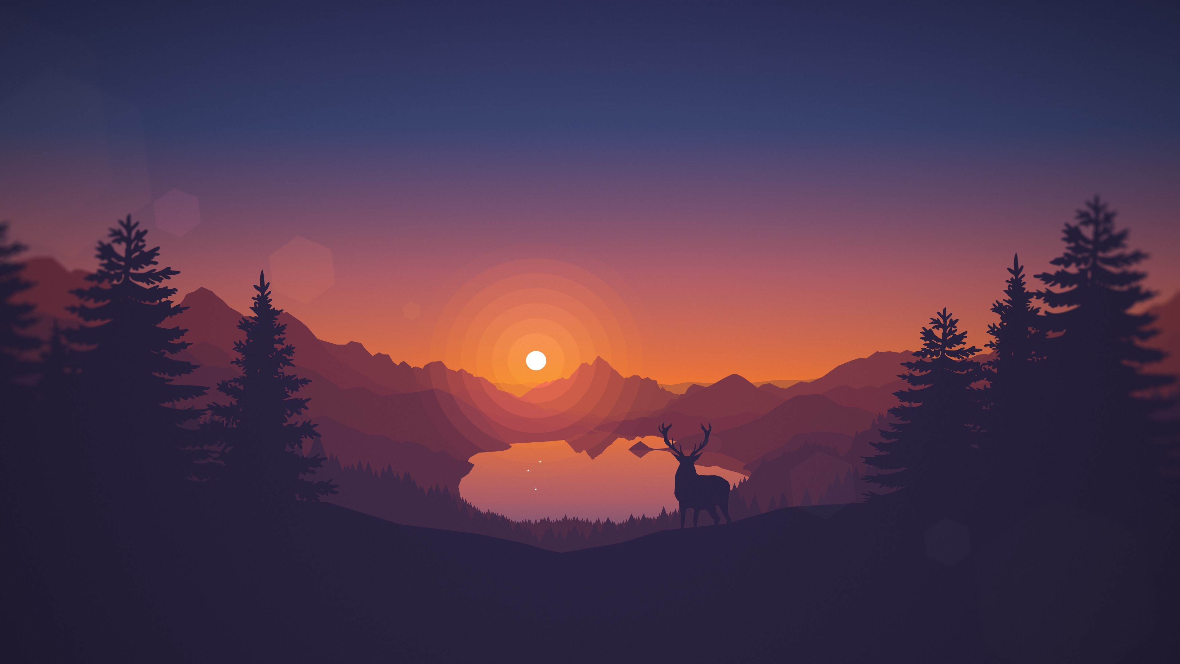 Sunset Drawing Animals Lake Landscape Deer Artwork
