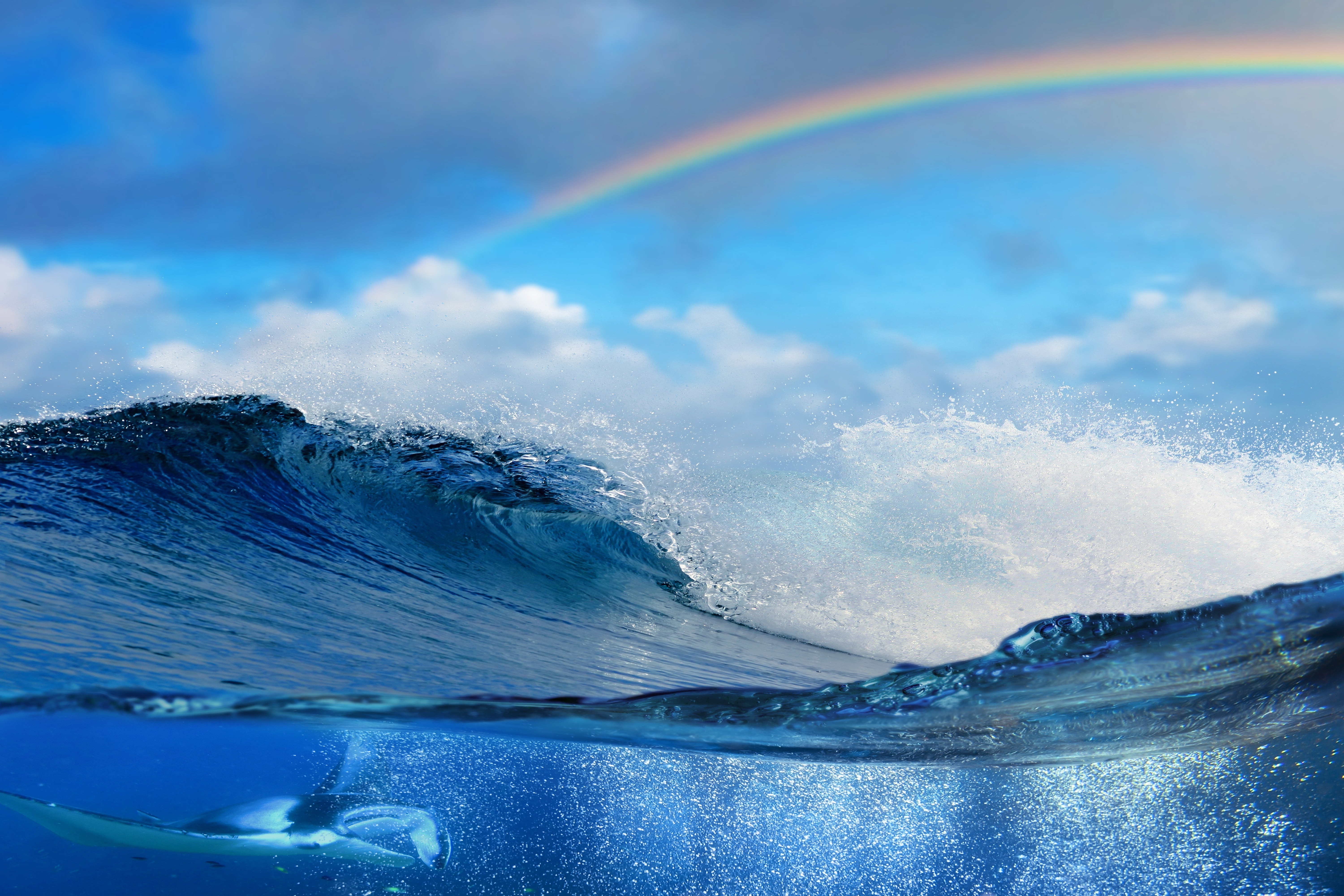 sea, Water, Underwater, Waves, Split view, Rainbows Wallpapers HD