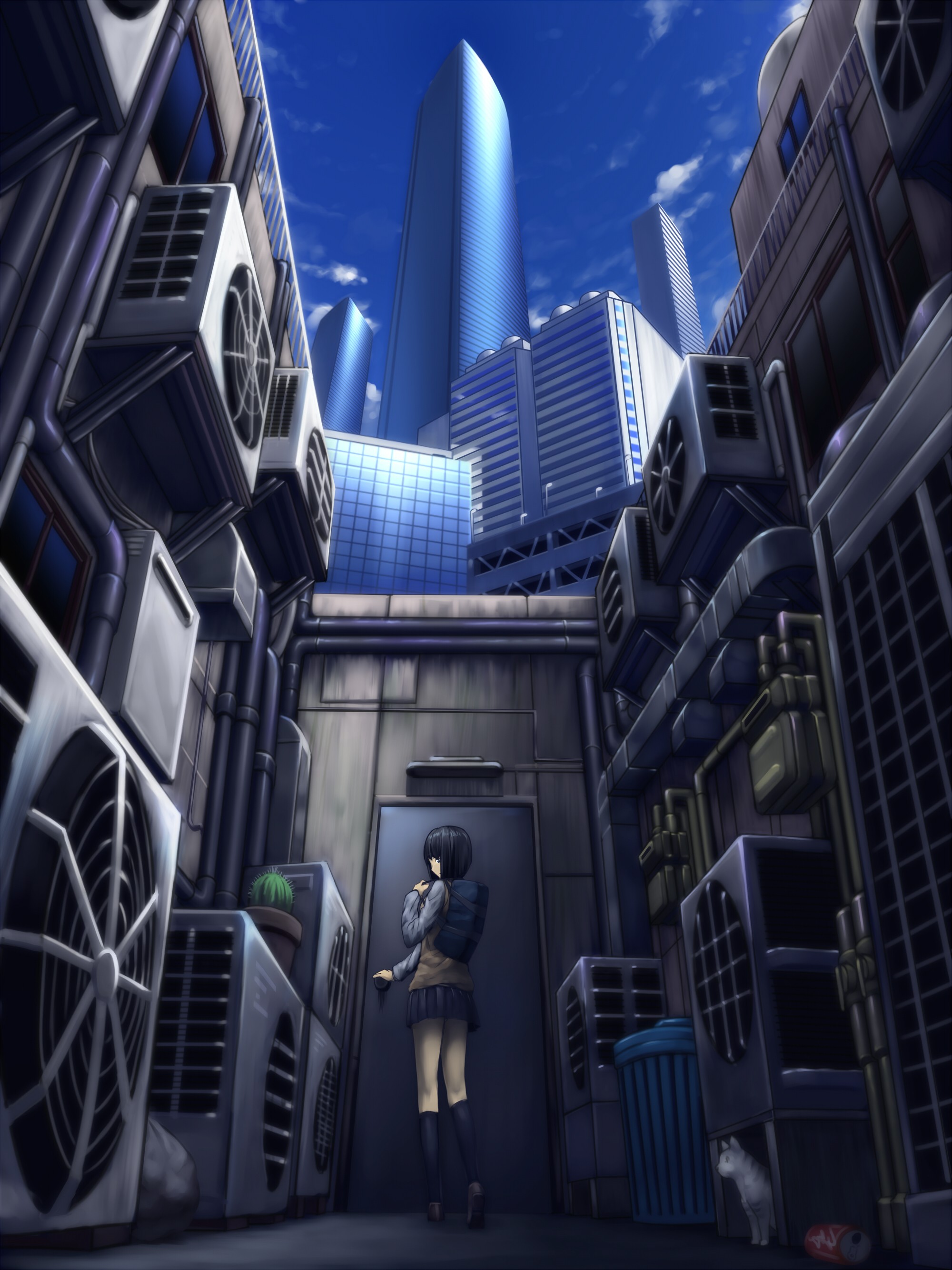 anime, Artwork, Anime girls, Worms eye view, Alleyway Wallpapers HD