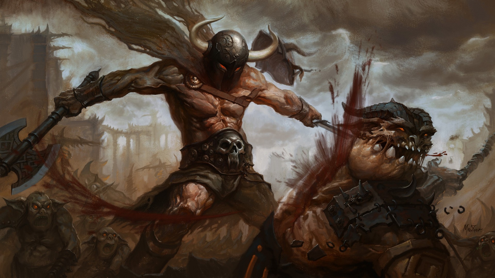 warrior, Skull, Fantasy art, Fantasy armor, Battle Wallpaper