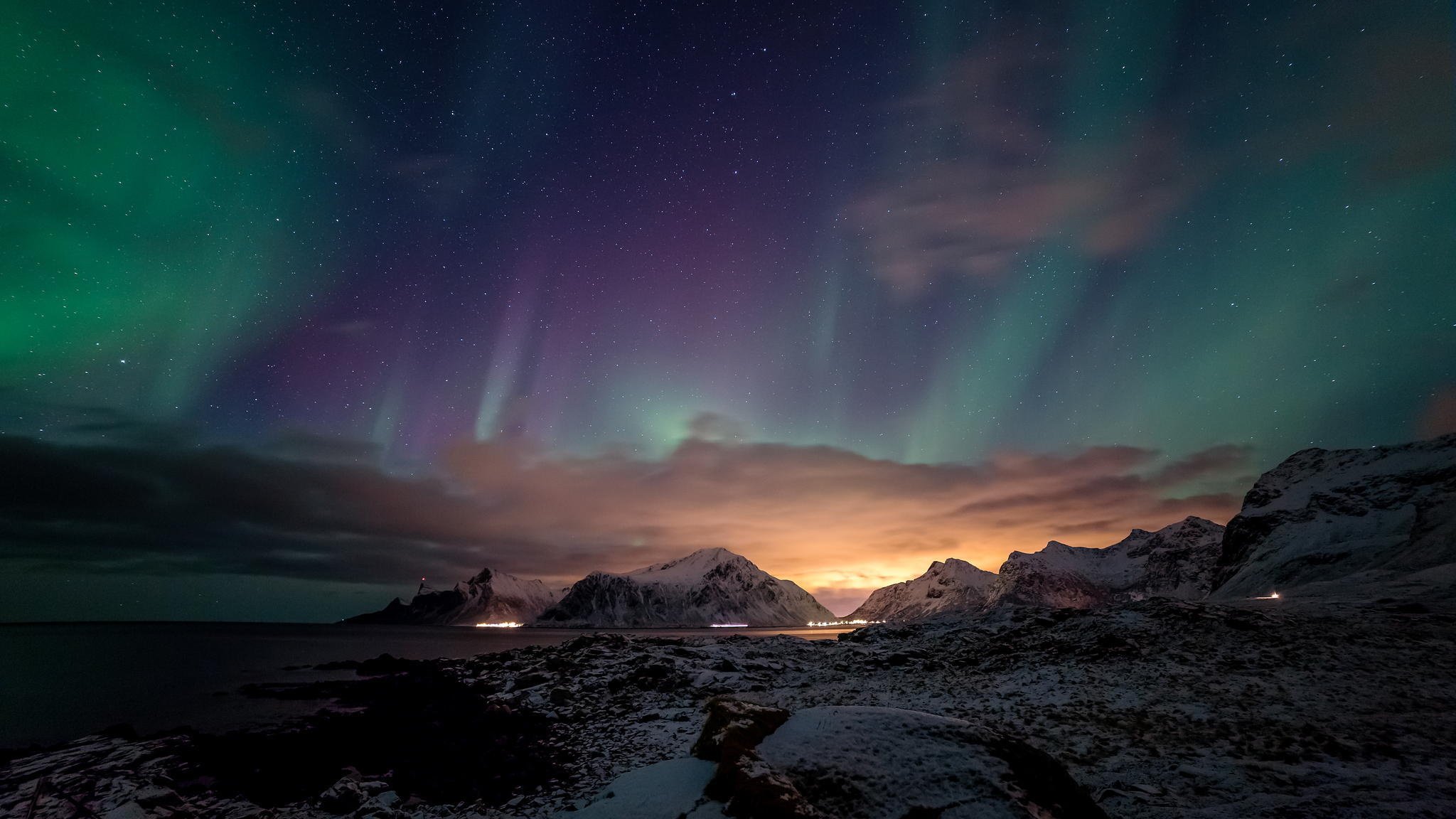 Ocean Mountains Night Northern Lights Beach Sea Stars Sky