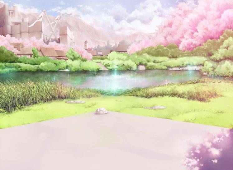 Anime Cherry Blossoms Landscape HD Wallpaper Desktop Background