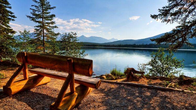 Beautiful Lake And Bench Landscape HD Wallpaper Desktop Background