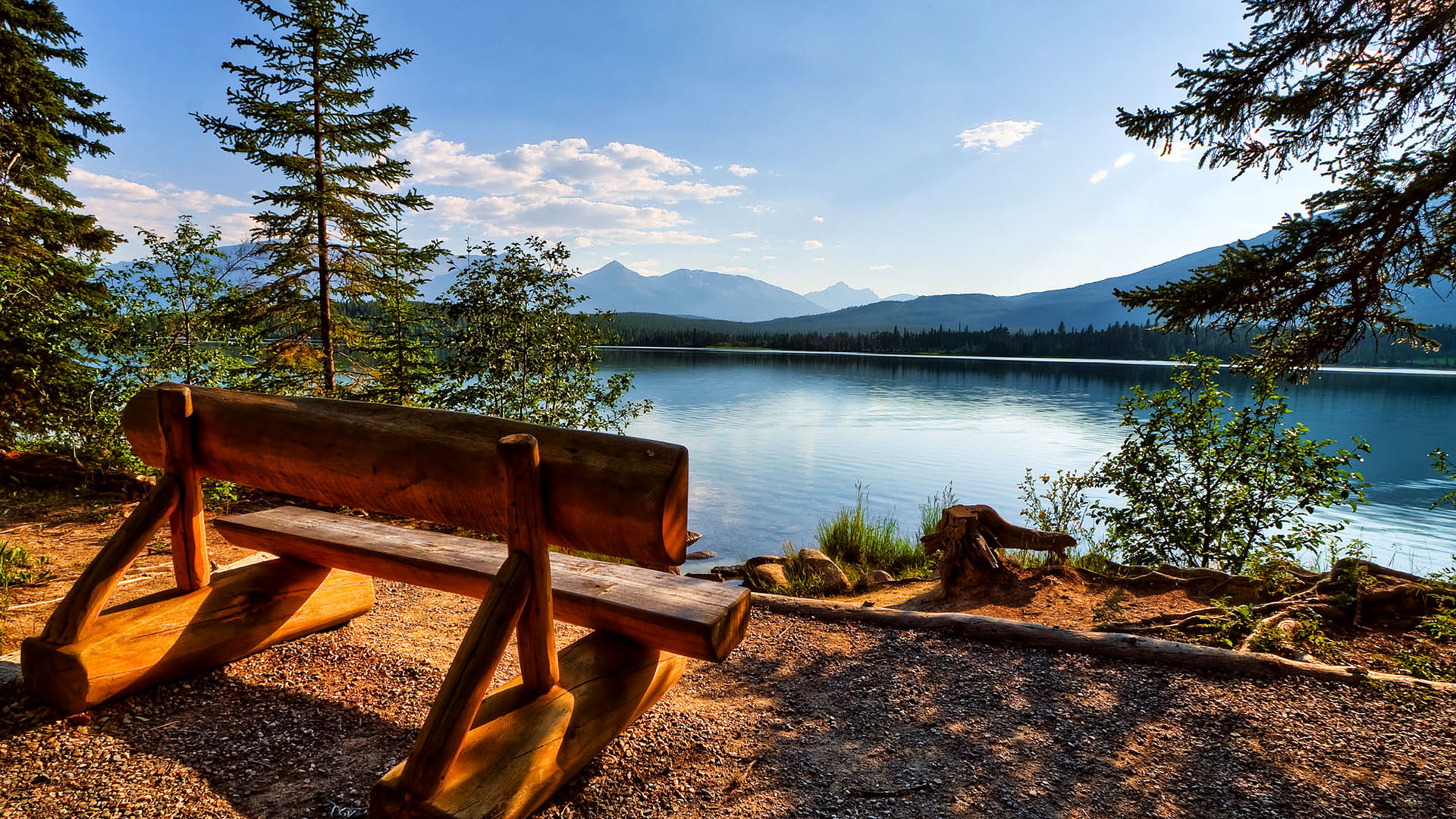 Beautiful Lake And Bench Landscape Wallpaper