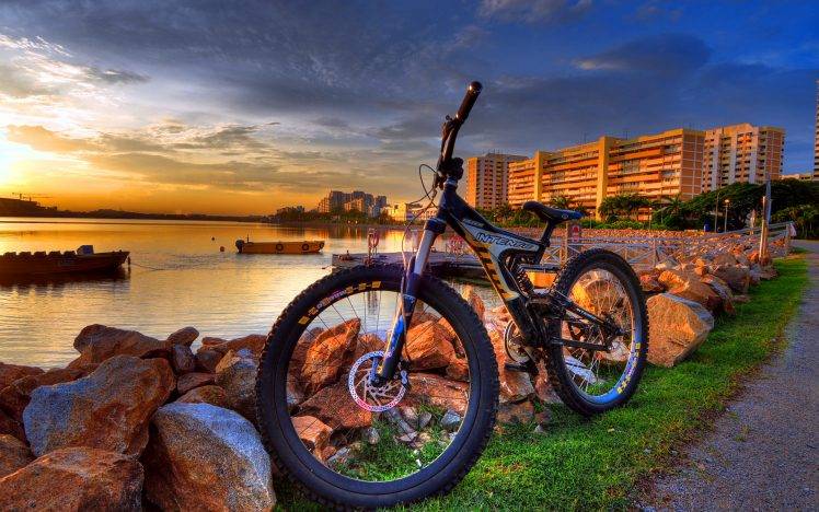 Cool Bicycle On Lake And Sunset HD Wallpaper Desktop Background