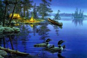 Ducks In Lake at Night