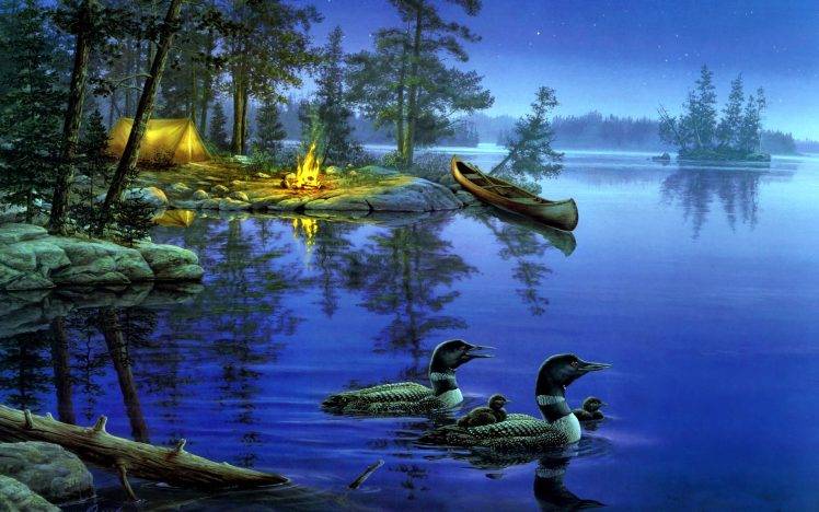 Ducks In Lake at Night HD Wallpaper Desktop Background