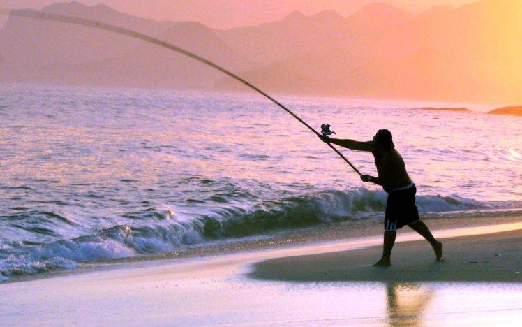 Fishing at Beach Sunset HD Wallpaper Desktop Background