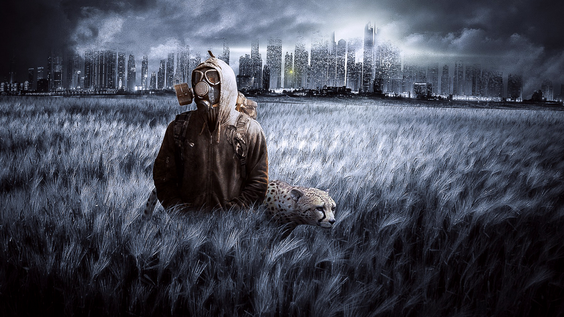 Gas Mask And Cheetah Landscape Wallpaper