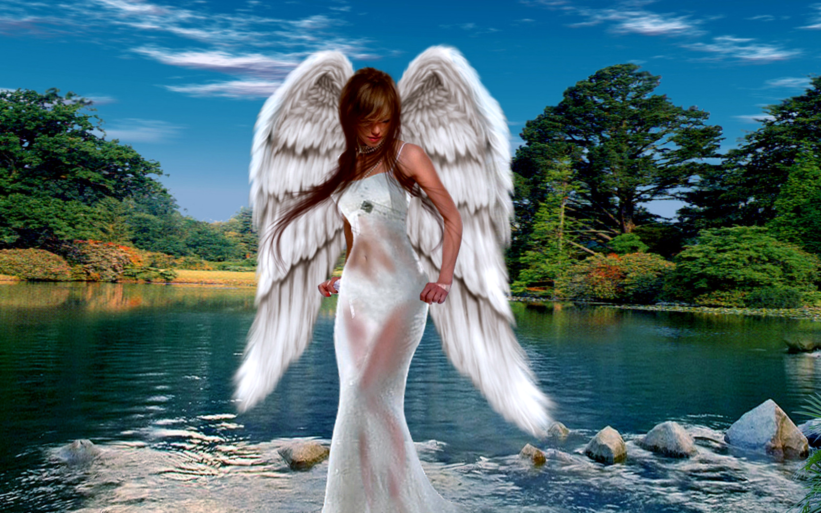 Love Angel In Lake Landscape Wallpaper