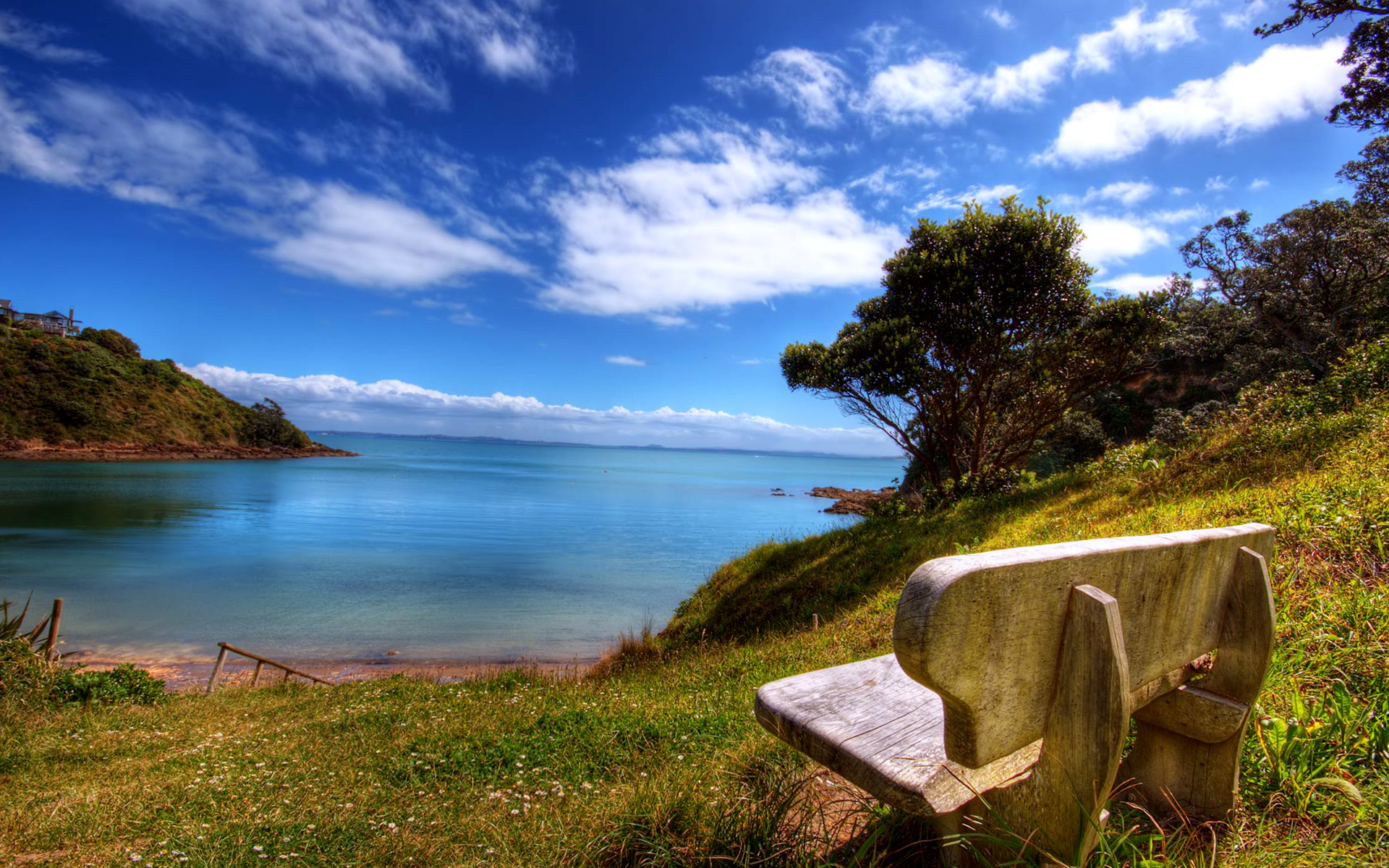 Nature Blue Sky Lake And Bench Wallpaper