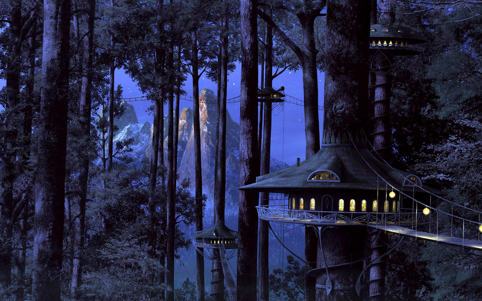 Night Tree House Landscape Wallpaper