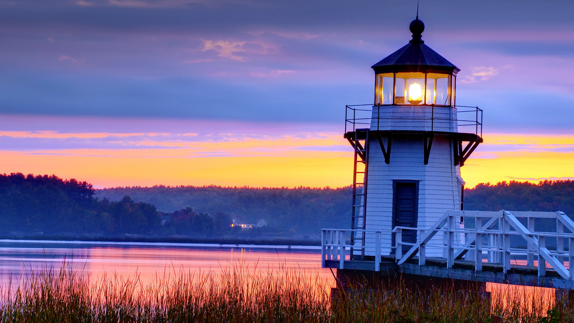 Sunrise Lighthouse Lake Wallpaper