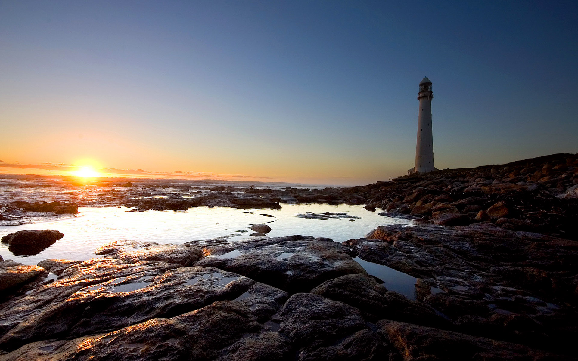 Sunset Lighthouse Beach Landscape Wallpaper